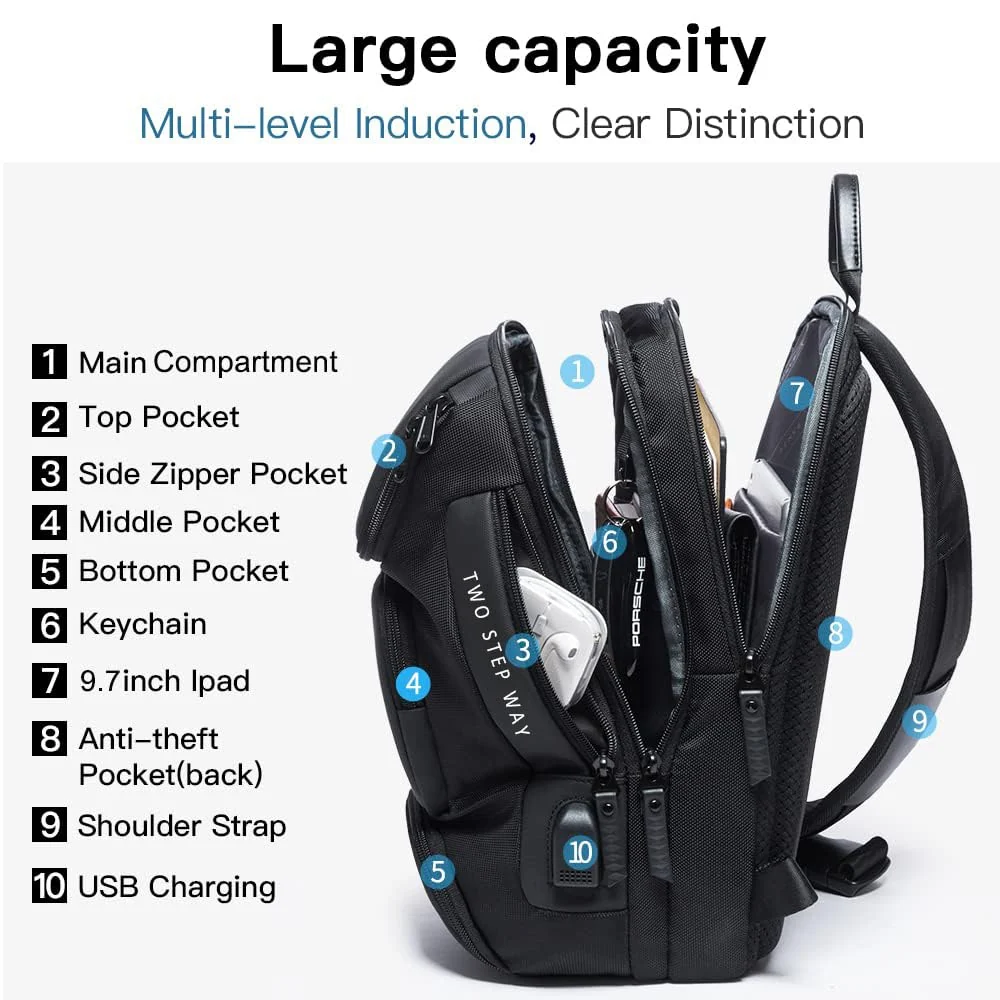 Mobigon Laptop Sling Backpack Anti Theft Bag, Hiking Daypack 13 Inch Fits iPad - Tablet 7 to 9.7 Inch Nylon Travel Bags for Men, Single Shoulder Camping Dayback with USB Charging Port - Black