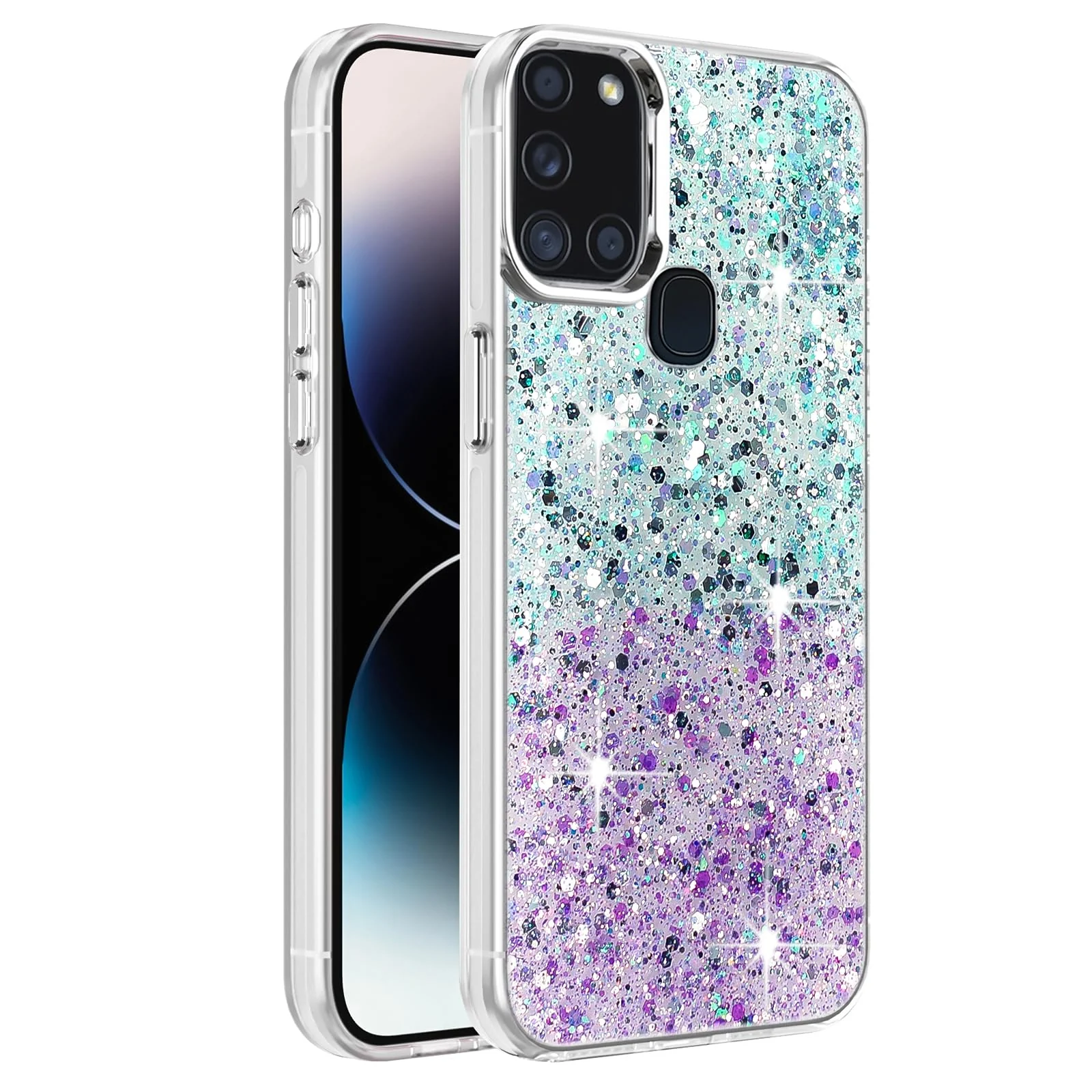 DL3 Mobilak Glitter Rhinestone Protective Case for Samsung Galaxy A21s with Shockproof Design - Green Purple