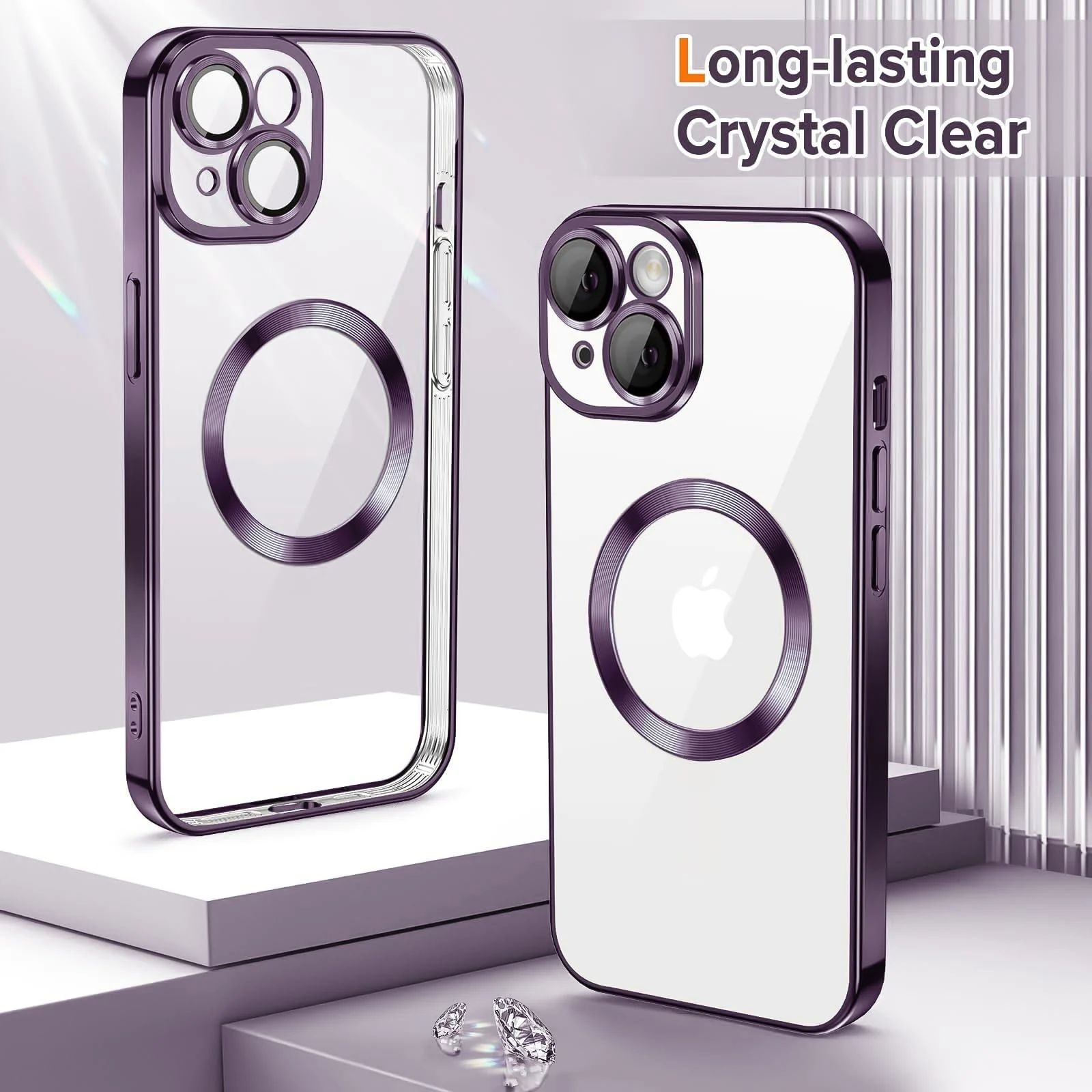 DL3 Mobilak Clear TPU Case with Electroplated Edges for iPhone 14 with Camera Protection and Anti-Yellowing Design - Deep Purple