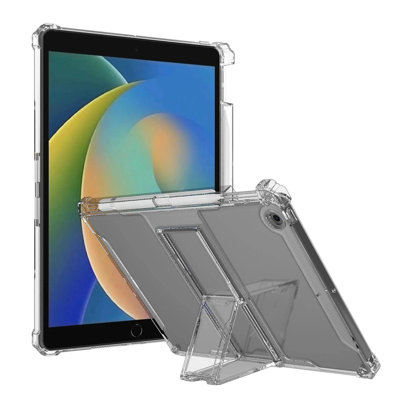 DL3 Mobilak Transparent Stand Case for iPad 9/8/7 (10.2-Inch, 2021/2020/2019 Model, 9th/8th/7th Generation) Case Shockproof, Thin Slim Anti-Yellowing Bumper, Kickstand Cover, with Pencil Holder - Clear