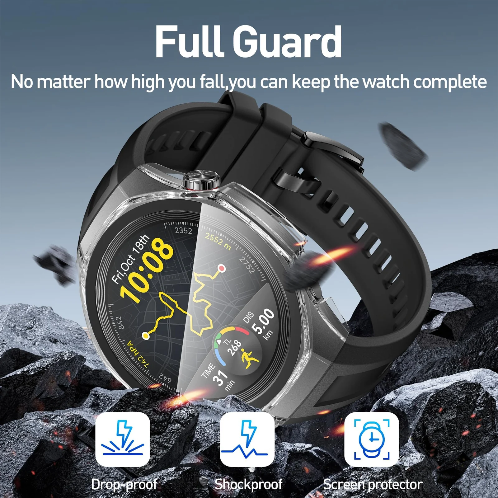 DL3 Mobilak Case with Screen Protector for Huawei Watch GT5 Pro 46mm, Bumper Full Coverage Hard PC Overall Protective Cover, Built-in Tempered Glass Film High Sensitivity - Clear
