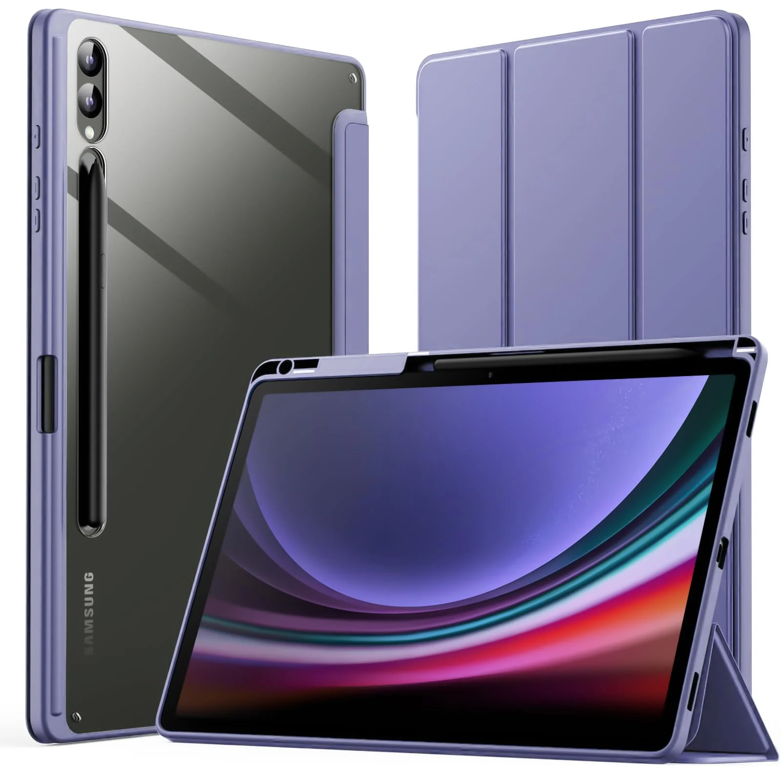 DL3 Mobilak Hybrid Slim Case for Samsung Galaxy Tab S8 Plus 2022/S7 FE 2021/S7 Plus 2020 12.4 Inch with S Pen Holder, Shockproof Cover with Clear Transparent Back Shell, Auto Wake/Sleep - Lilac Purple