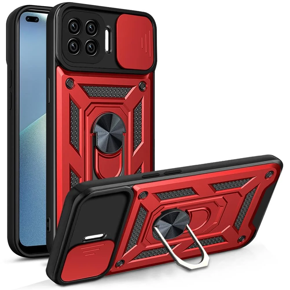 DL3 Mobilak Military-Grade Protective Case with Sliding Camera Cover, Metal Ring Kickstand and Magnetic Car-Mount Support for OPPO A93 4G / Reno4 Lite / F17 Pro / Reno 4F - Red