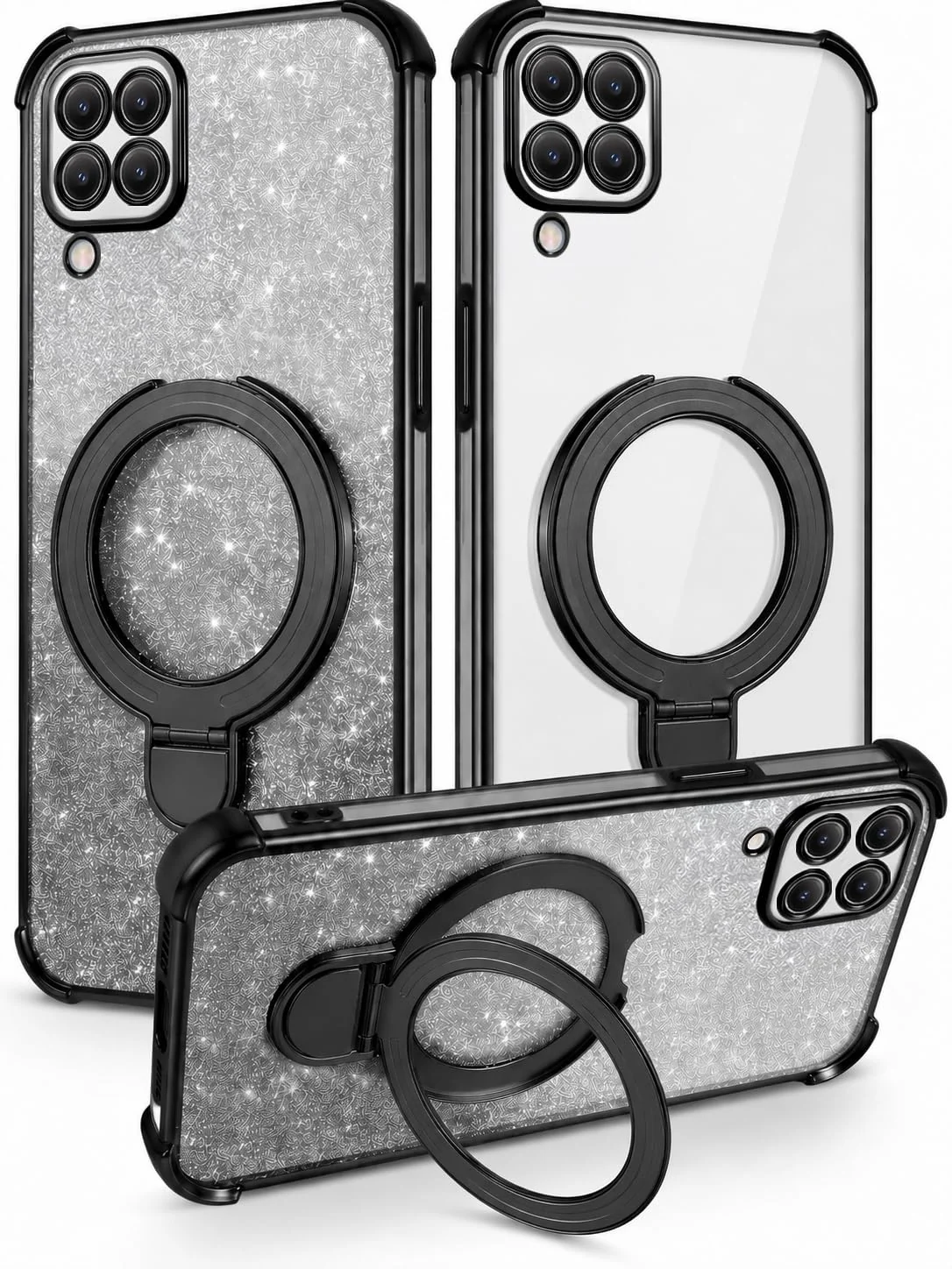 Mobigon Glitter Phone Case Compatible with Samsung Galaxy A12 / M12, Magnetic Ring Stand Shockproof Cover, Clear Soft TPU Bumper with Full Camera Protection