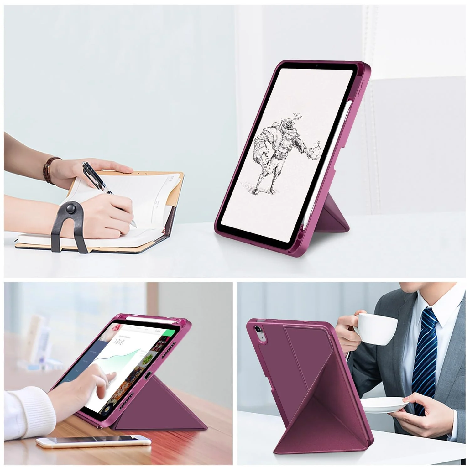 DL3 Mobilak Compatible with iPad Air 5/4 (2022/2020 5th/4th Generation 10.9-Inch) Case, Smart Stand, Pencil Holder, Shockproof Slim Lightweight Leather Cover, Modern Abstract Design - Wine Red