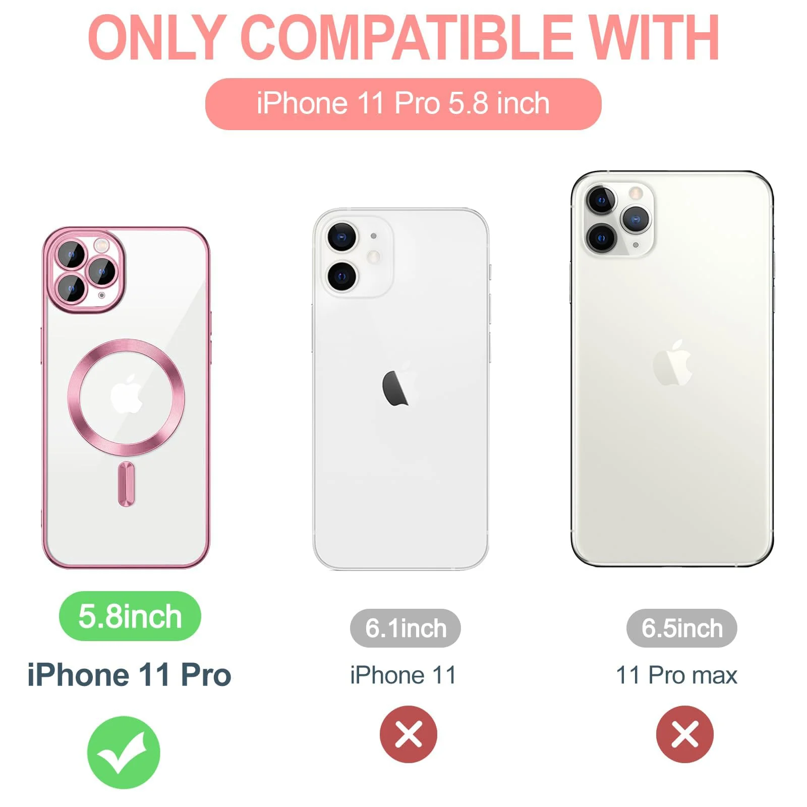 DL3 Mobilak Soft Clear Case for iPhone 11 Pro 5.8-Inch, Camera Lens Full Protection, Compatible with MagSafe Wireless Charging, Shockproof Electroplated TPU Phone Cover - Pink