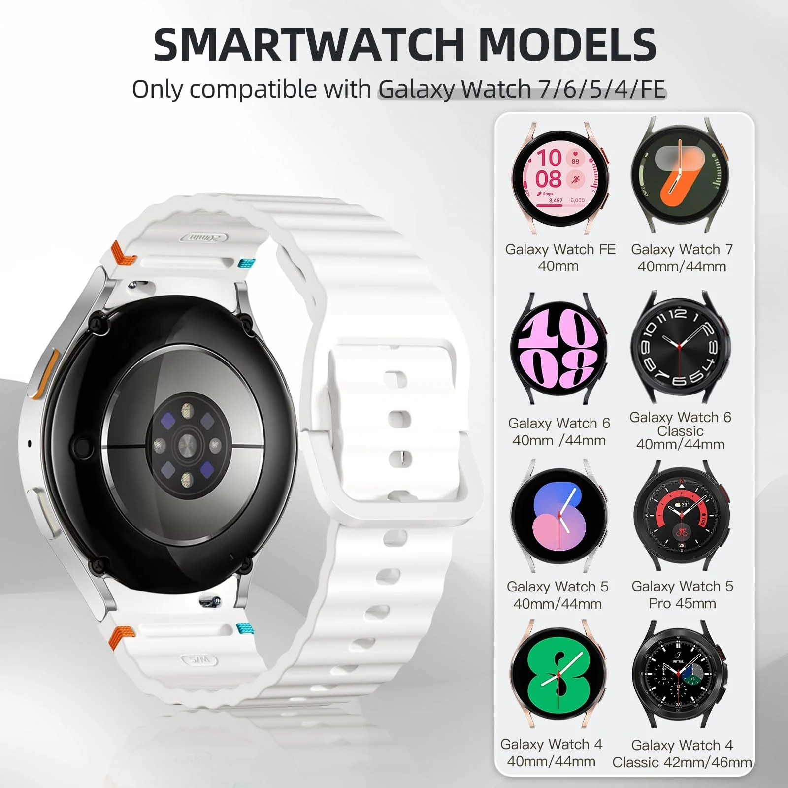 DL3 Mobilak No Gap Sport Bands For Samsung Galaxy Watch 7 6 5 4 FE Strap 40mm 44mm, Soft Silicone Sport Band for Galaxy Watch 6 Classic Straps 47mm 43mm/Galaxy Watch 5 Pro/Watch 4 Classic 42mm 46mm for Men Women - White