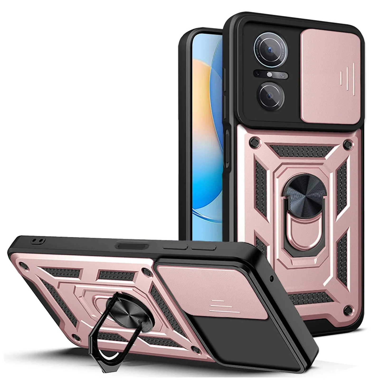 DL3 Mobilak Military-Grade Protective Case with Sliding Camera Cover, Metal Ring Kickstand and Magnetic Car-Mount Support for Huawei Nova 9 SE / Honor 50 SE - Rose Gold