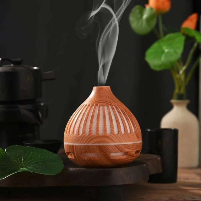 Mobigon Wood Cool Mist Ultrasonic Humidifier for Room Moisture, Aroma Diffuser for Home, 300ml Essential Oil Diffuser with 7 Colorful Night Light, Auto Shut-Off, Home, Office, car - B. Light Brown