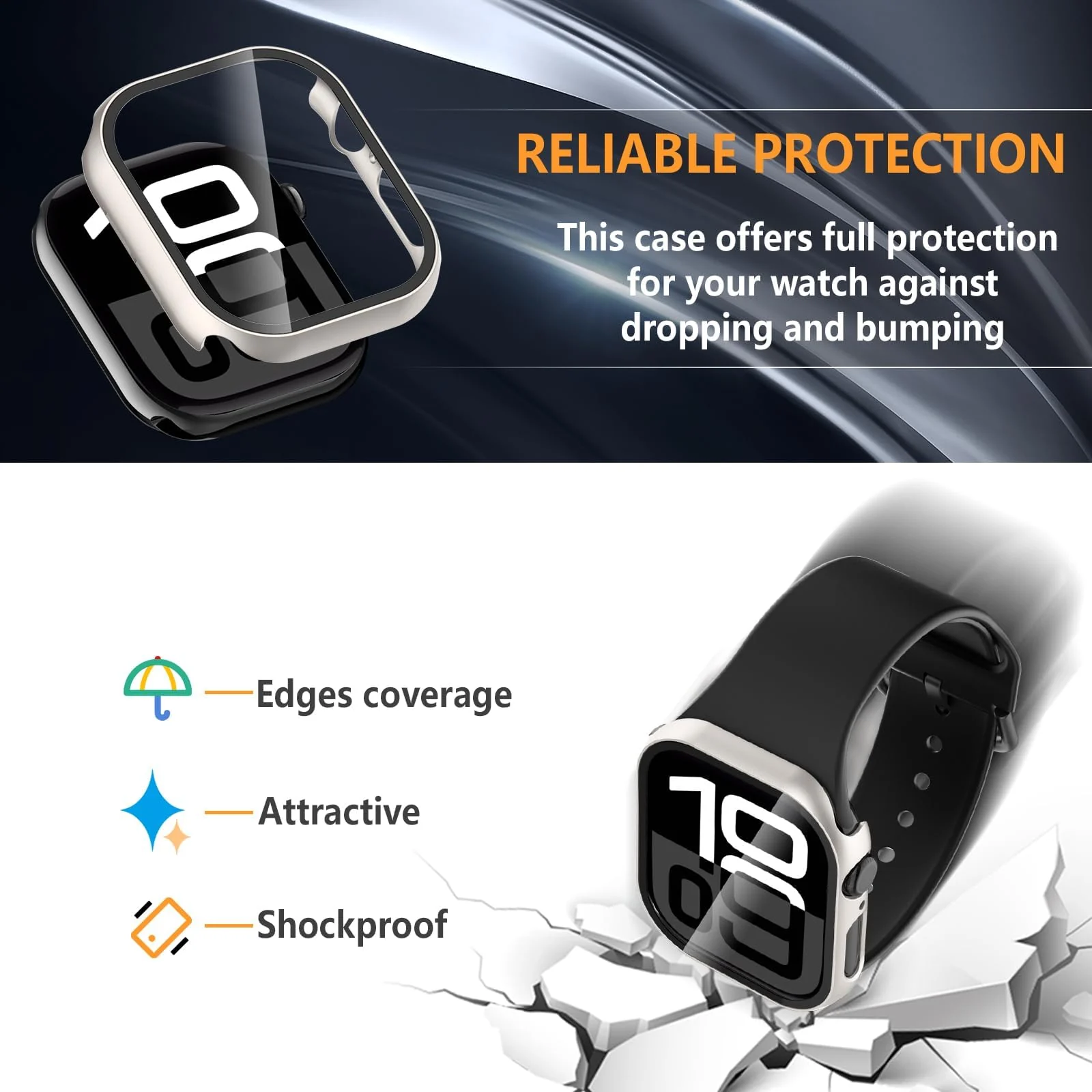 DL3 Mobilak Case with Screen Protector for Apple Watch Series 10 46mm, Bumper Full Coverage Hard PC Overall Protective Cover, Built-in Tempered Glass Film High Sensitivity - Starlight