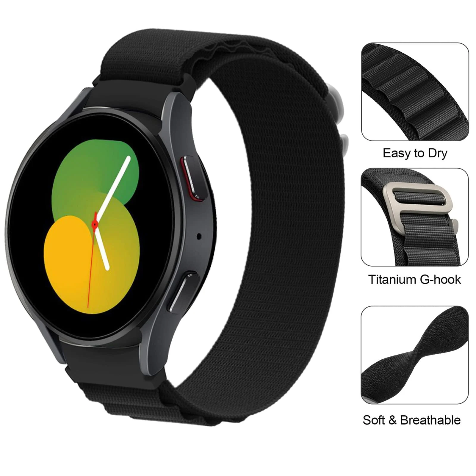DL3 Mobilak No-Gap Nylon Watch Bands Compatible with Samsung Galaxy Watch 6 5 4 Band 40mm 44mm/Watch 5 Pro Band 45mm/Watch 6 4 Classic Band 42mm 43mm 46mm 47mm, Alpine Loop Woven Sport Strap Men Women - Black