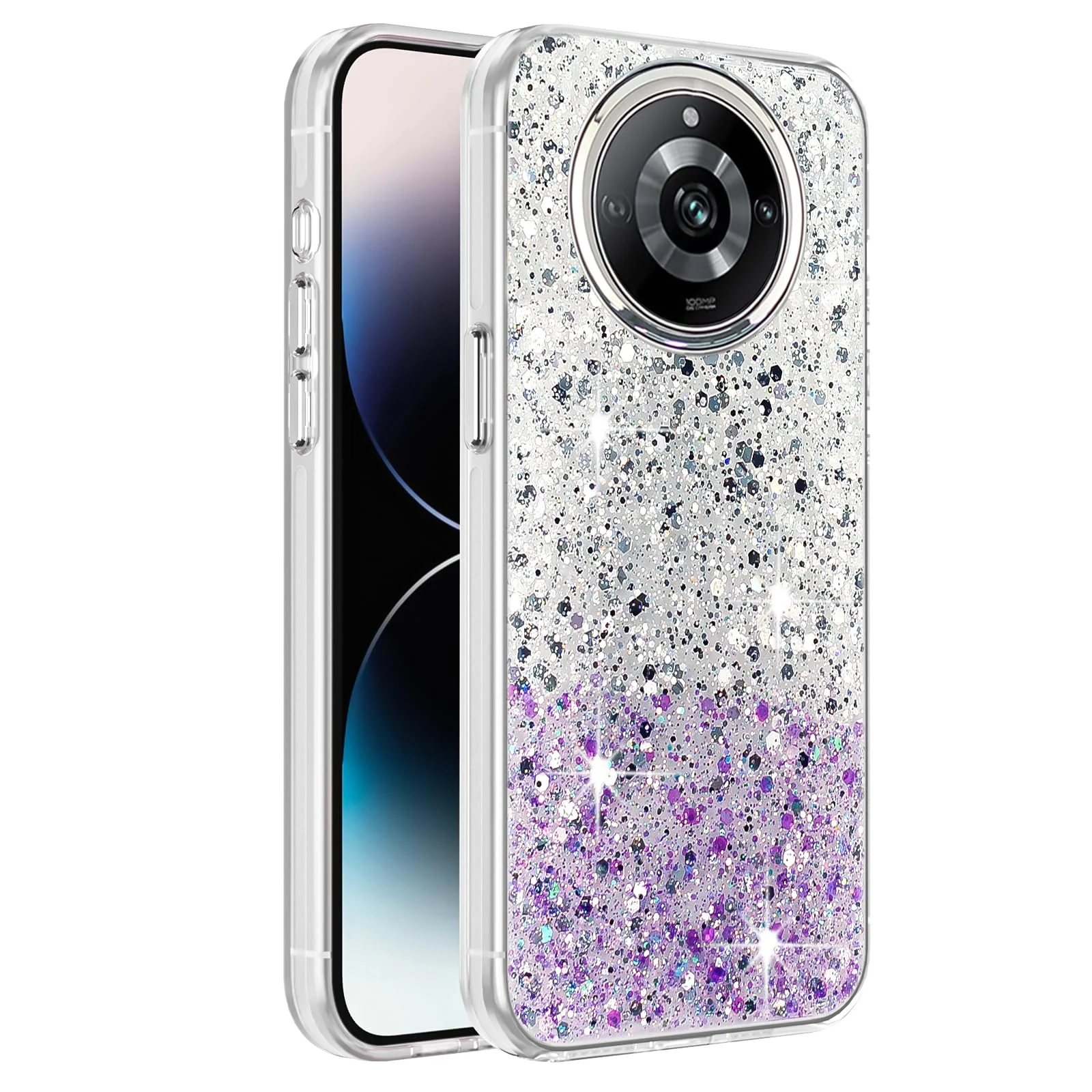 DL3 Mobilak Glitter Protective Case for realme 11 Pro 5G / realme 11 Pro + Plus 5G, Supports wireless charging, Camera protection, Shock-absorbing protection - White Purple
