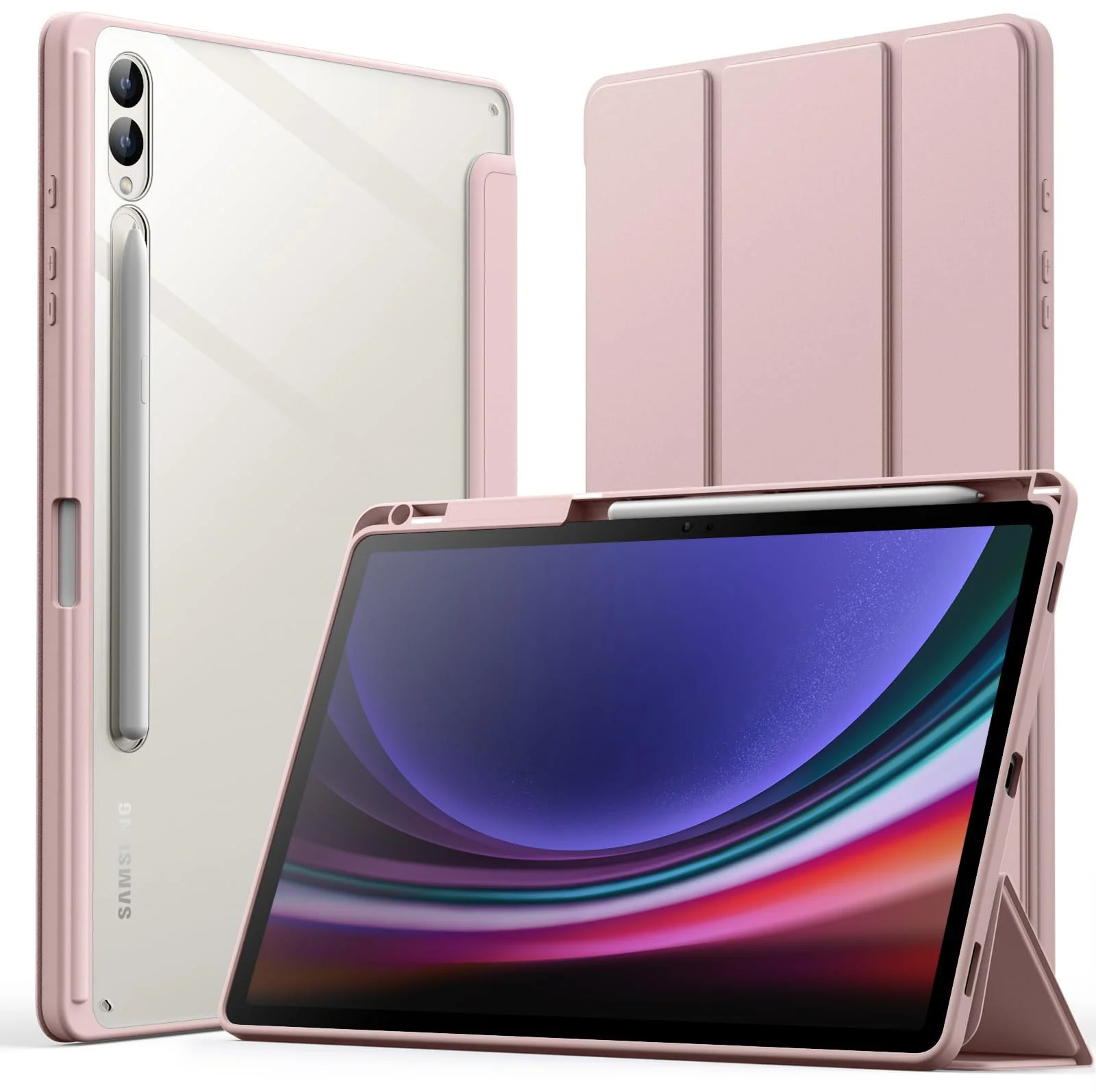 DL3 Mobilak Hybrid Slim Case for Samsung Galaxy Tab S8 Plus 2022/S7 FE 2021/S7 Plus 2020 12.4 Inch with S Pen Holder, Shockproof Cover with Clear Transparent Back Shell, Auto Wake/Sleep - Rose Gold
