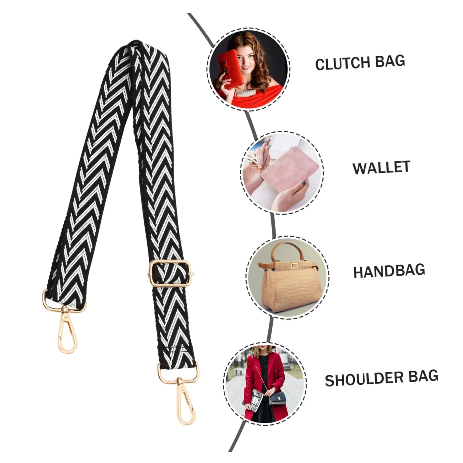 DL3 Mobilak Adjustable Wide Crossbody Bag Strap for Women, Replacement Shoulder Strap for Handbags, Totes & Purses with Elegant Embroidered Pattern and Metal Hooks - Black-White