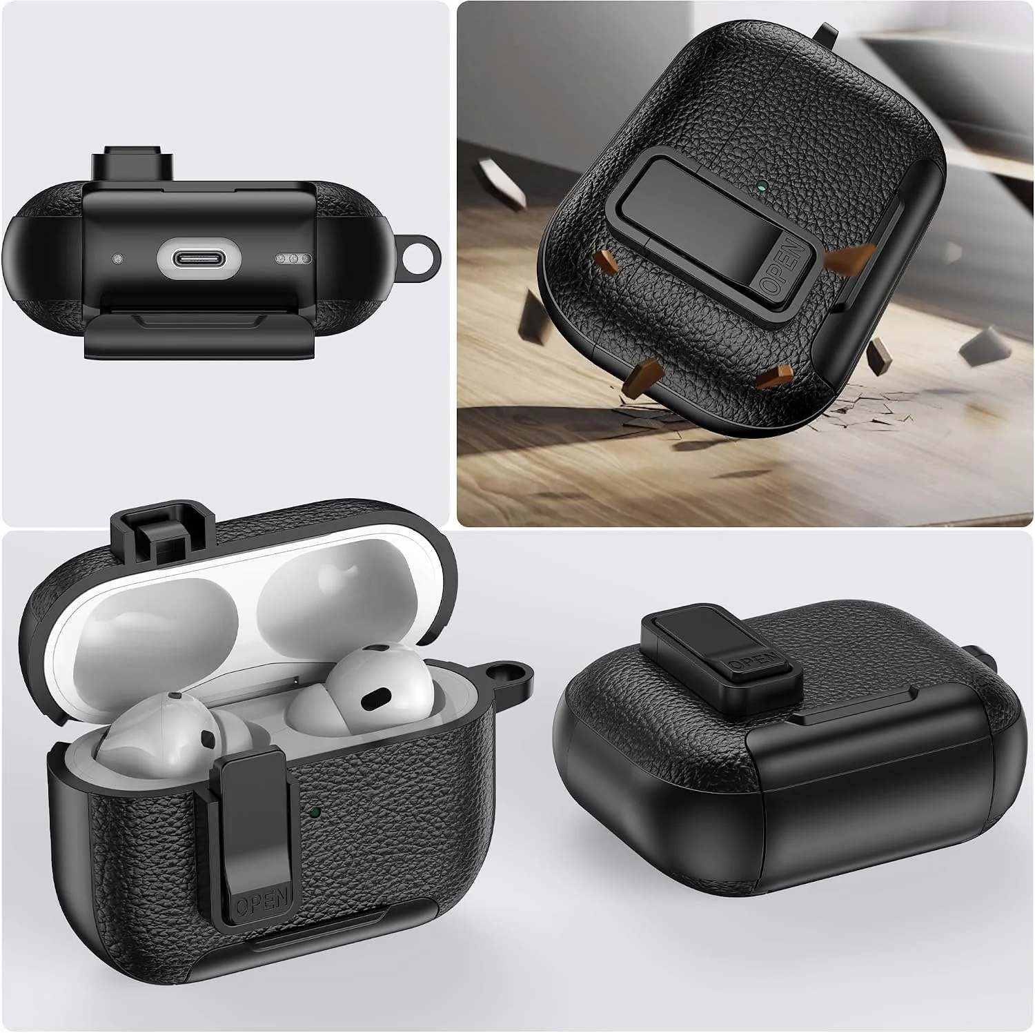 Mobigon for Apple AirPods 4 Leather Case with Secure Lock Clip, Support Wireless Charge, Stand and Charging Port Dustproof Design with Carabiner for AirPods 4 - Green
