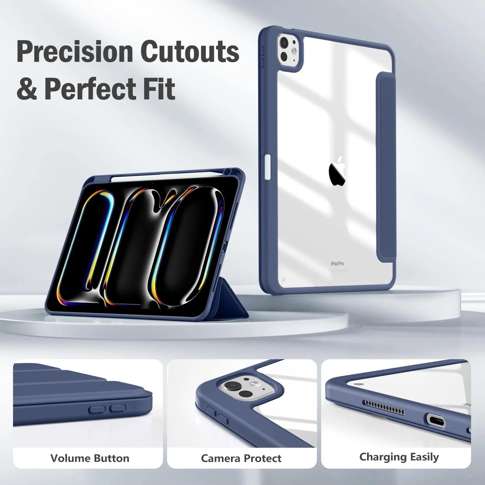 DL3 Mobilak Case for iPad Pro 13-Inch M4 (2024) with Pencil Holder, Clear Transparent Back Shell Slim Stand Shockproof Tablet Cover, Auto Wake/Sleep - Dark Blue