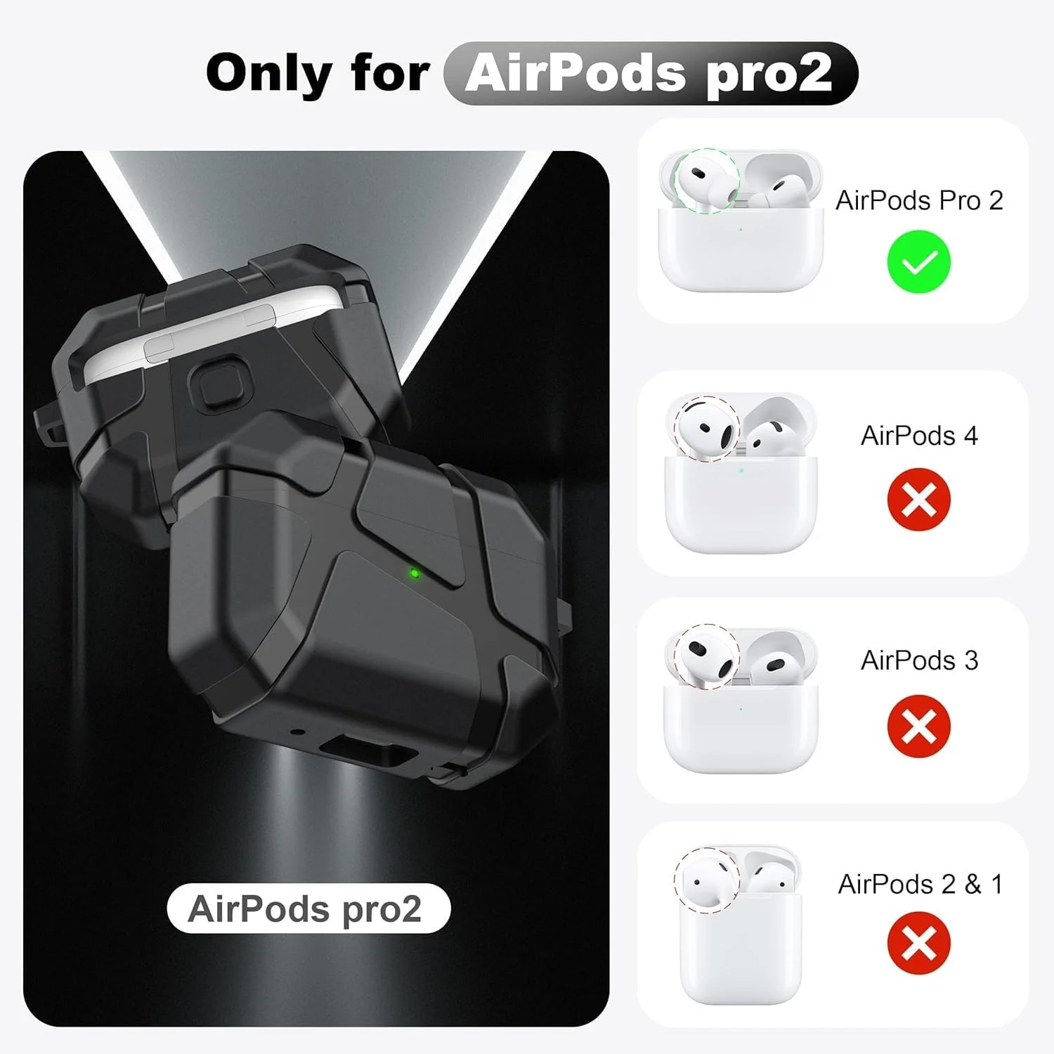 DL3 Mobilak AirPods Pro 1/2 Case, Shockproof Silicone Protective Case for Apple AirPod Pro 2nd/1st Generation, Hard Shell Design, Anti-Scratch, Front LED Light with Carabiner - Black