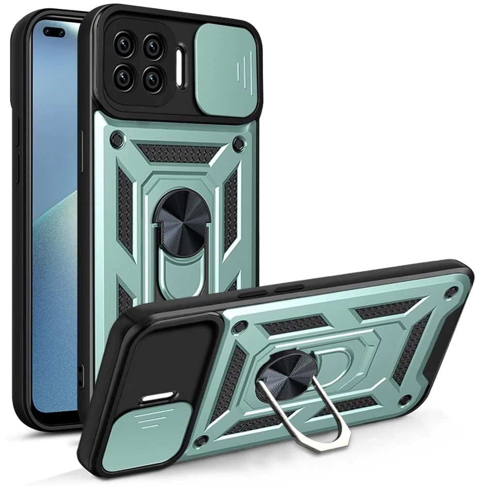 DL3 Mobilak Military-Grade Protective Case with Sliding Camera Cover, Metal Ring Kickstand and Magnetic Car-Mount Support for OPPO A93 4G / Reno4 Lite / F17 Pro / Reno 4F - Green