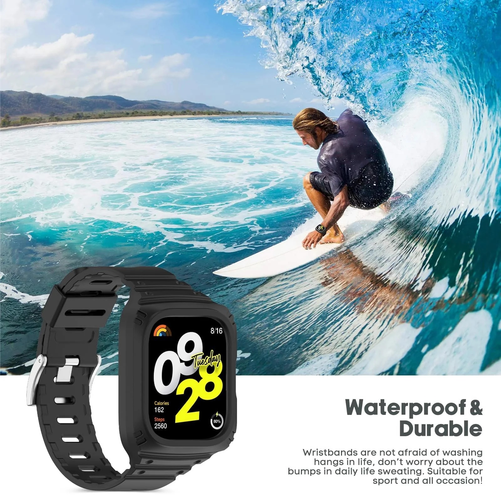 DL3 Mobilak Strap With Cover Compatible with Xiaomi Redmi Watch 4, Silicone Sport Band Replacement Watchband with Bumper Case for Redmi Watch 4, Adjustable Wristband - Black