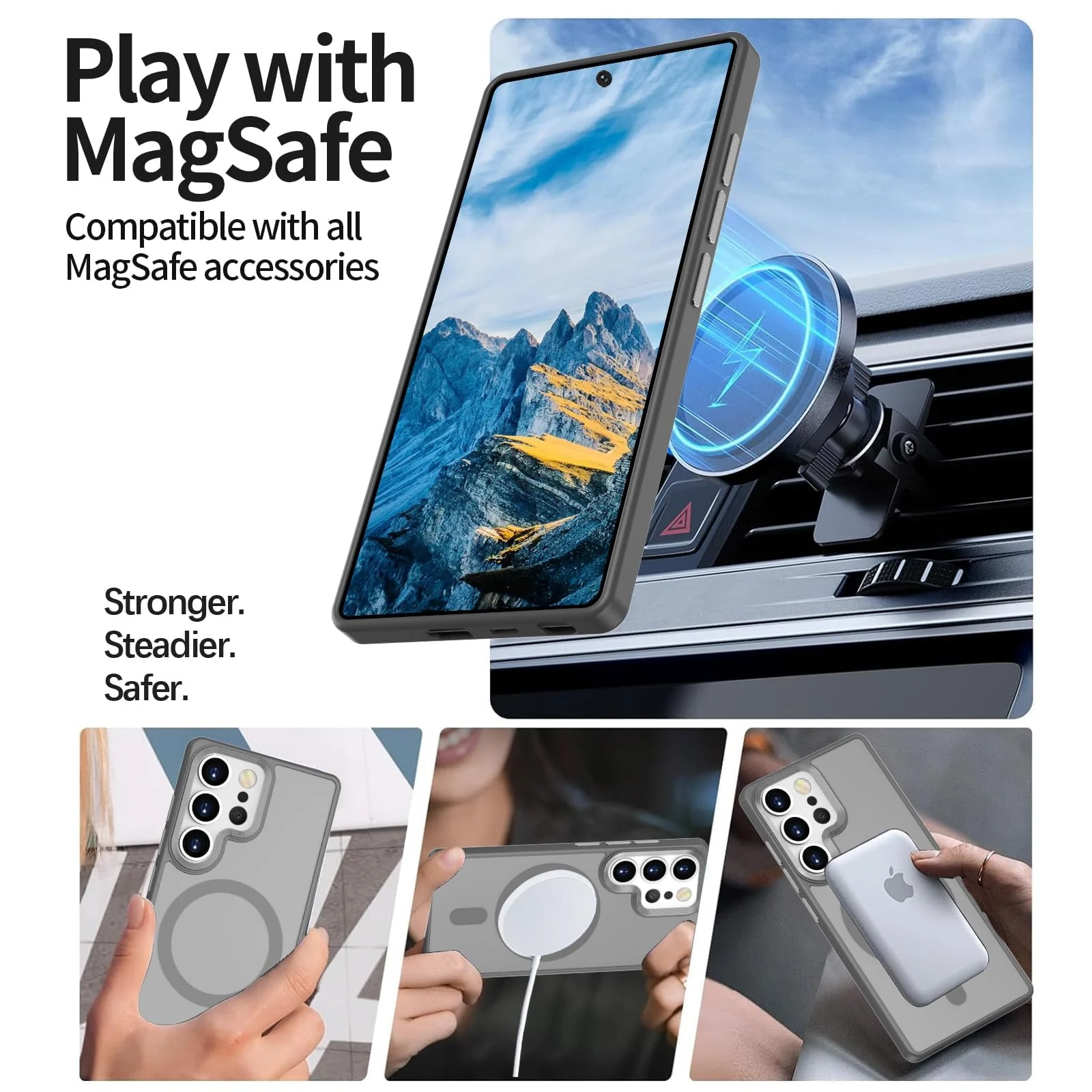 DL3 Mobilak Magnetic Car-Mount Case for Samsung Galaxy S24 Ultra with Camera Protection and Microfiber Lining - Gray