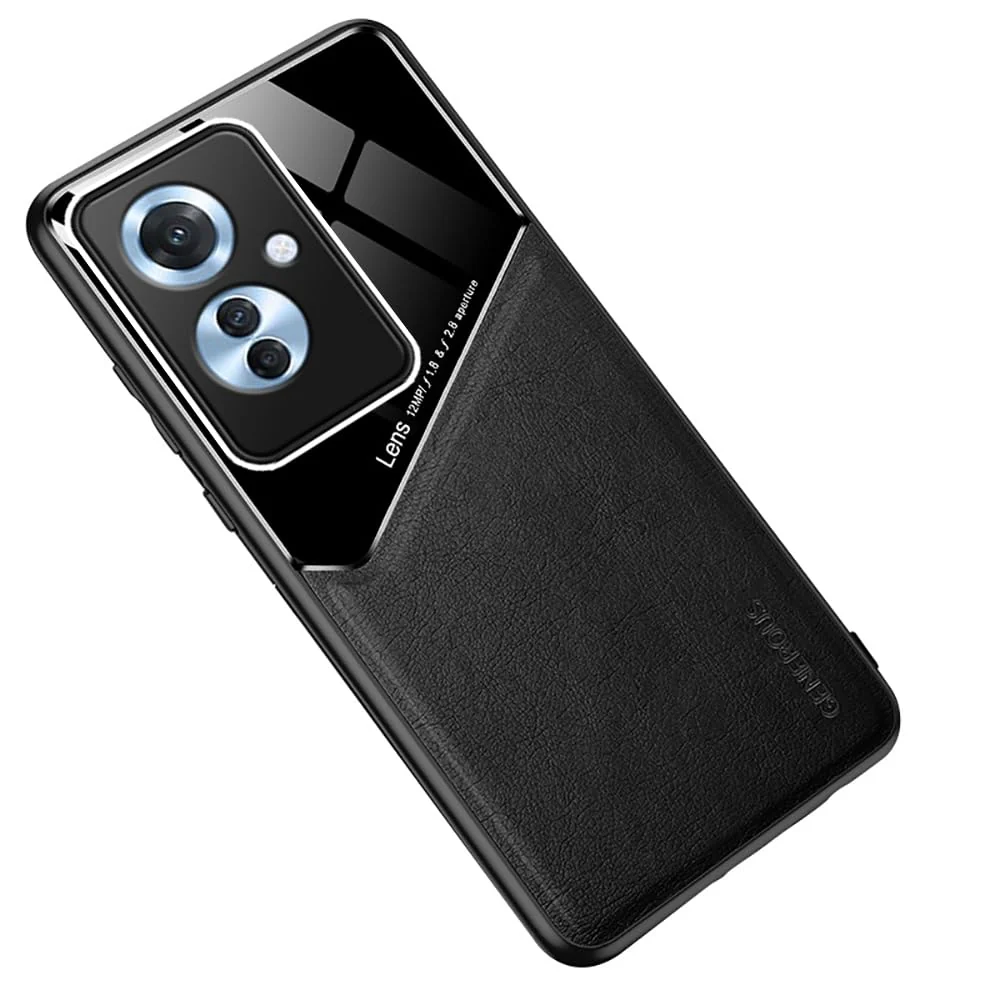 DL3 Mobilak Leather and PC Protective Case for OPPO Reno 11F / Reno11 F 5G, Built-in magnetic car-mount support, Camera protection, Shock-absorbing protection - Black