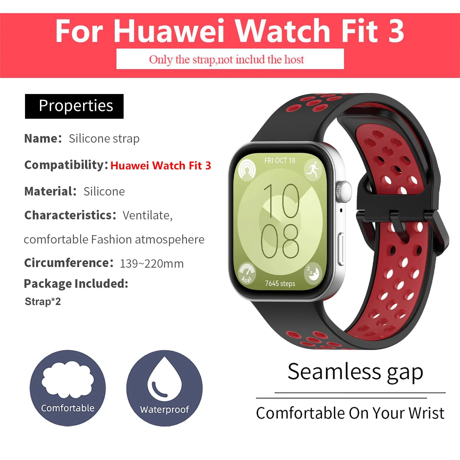 DL3 Mobilak Silicone Strap for Huawei Watch Fit 3, [Breathable] Soft Silicone Sport Wristband Bracelet Replacement Strap, Two-tone Strap, Adjustable Design, for Huawei Watch Fit3 - Black Red