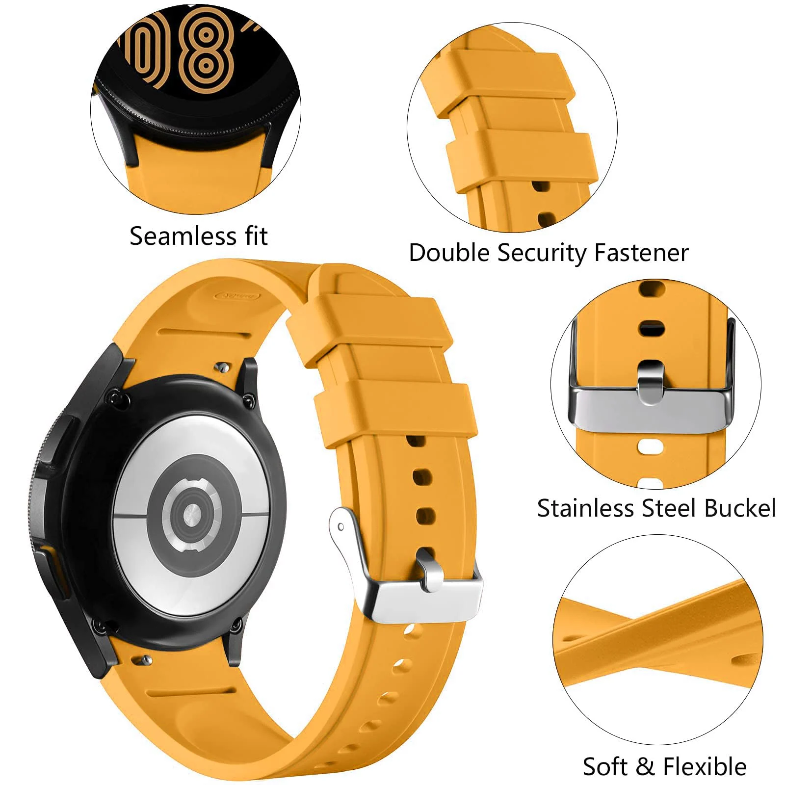DL3 Mobilak No Gap Bands Compatible with Samsung Galaxy Watch 7 5 4 6 Band 44mm 40mm/Watch 5 Pro 45mm/Galaxy Watch 4 Classic 46mm 42mm Strap,20mm Quick Release Sport Replacement Bands for Women Men - Marigold