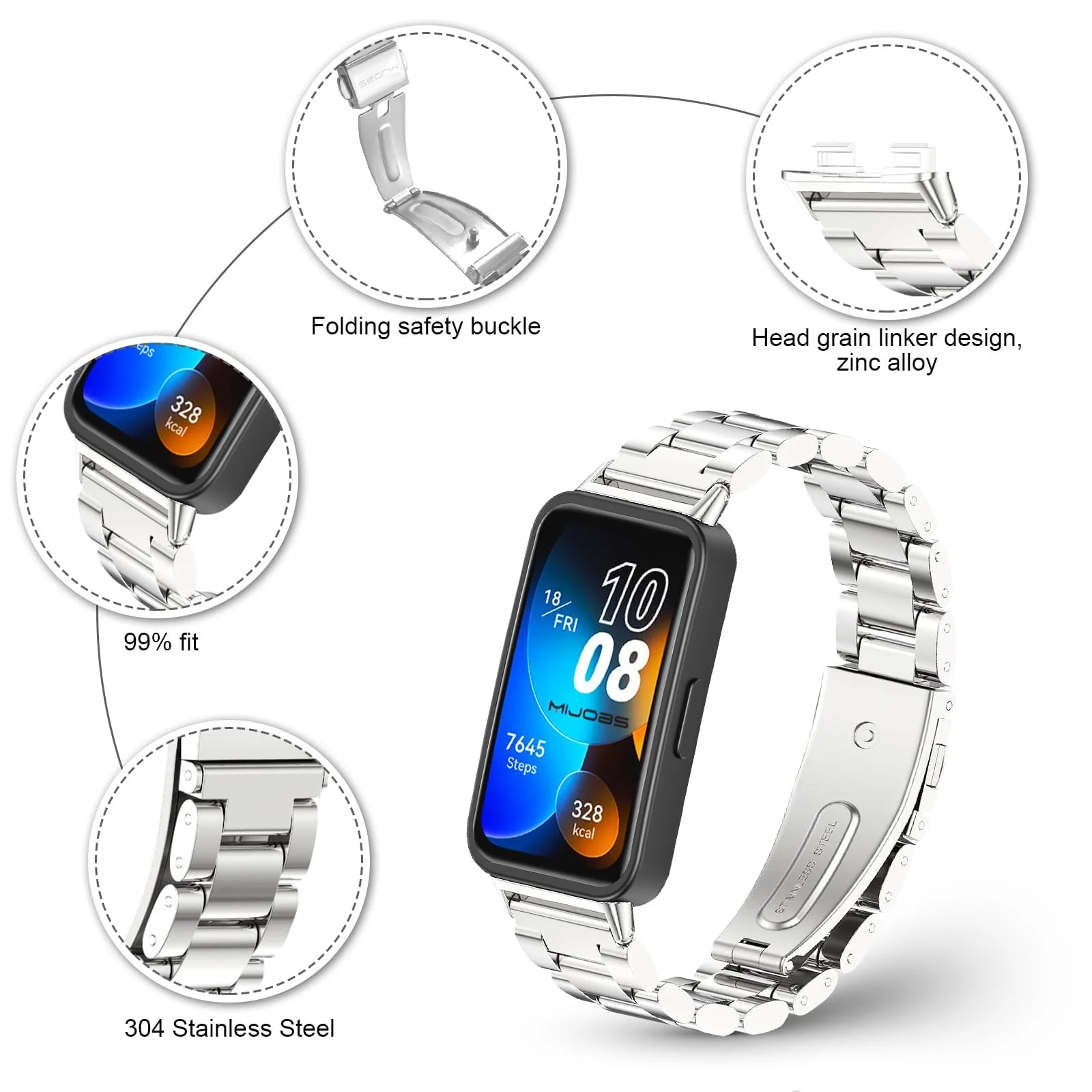 DL3 Mobilak Metal Strap Compatible with HUAWEI Band 10 / HUAWEI Band 9 / HUAWEI Band 8, Stainless Steel Replacement Band with Folding Clasp, Adjustable Replacement Bracelet Wristband - Black