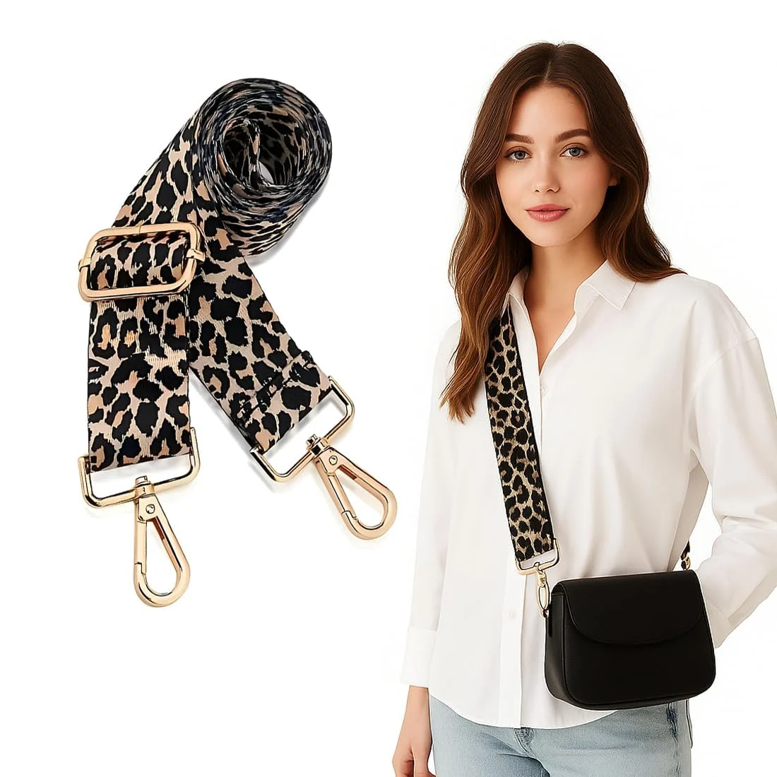 DL3 Mobilak Adjustable Wide Crossbody Bag Strap for Women, Replacement Shoulder Strap for Handbags, Totes & Purses with Elegant Embroidered Pattern and Metal Hooks - Leopard Print