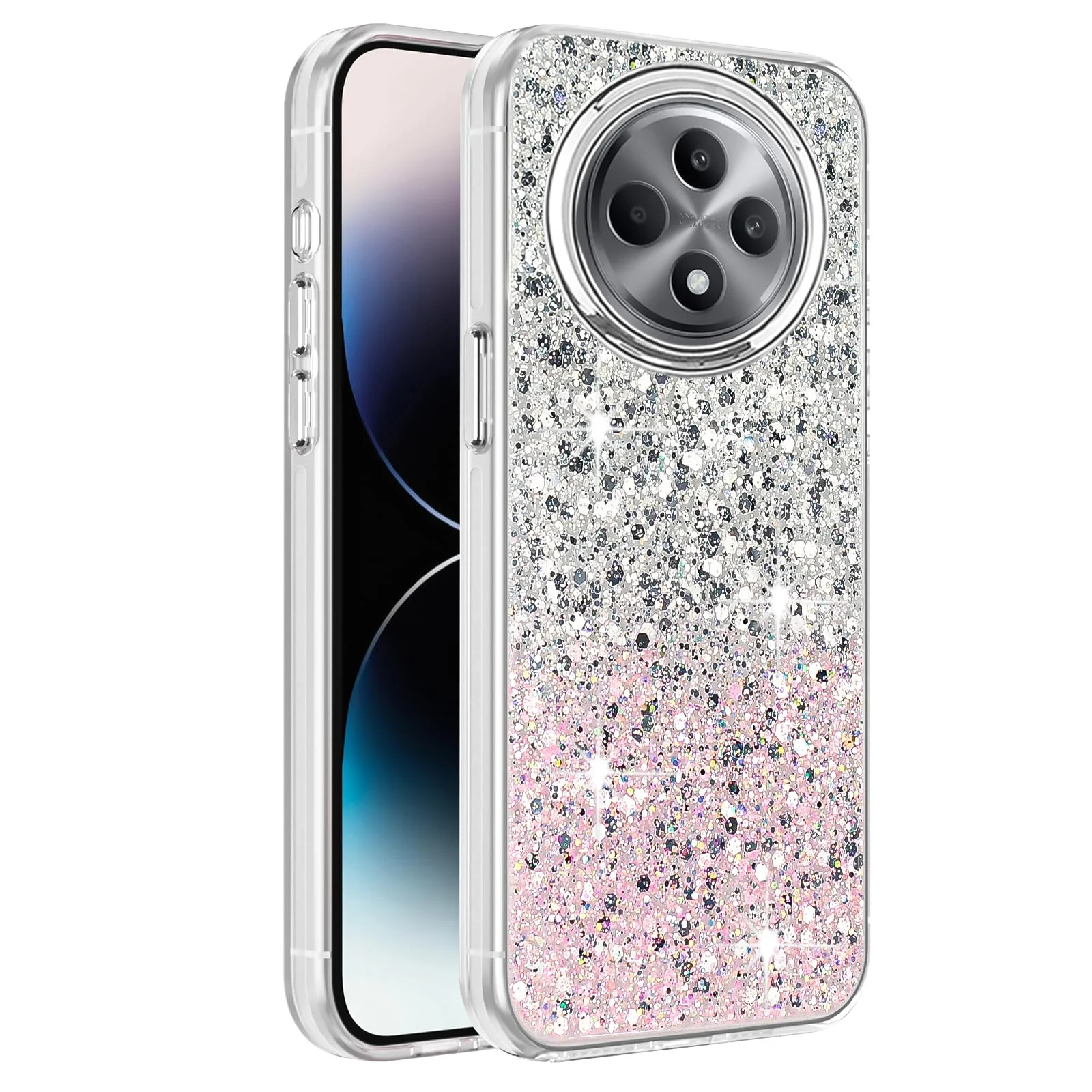 DL3 Mobilak Compatible with OPPO Reno 12 F/Reno 12F Case, Clear Glitter Bling Sparkly, Soft TPU Frame Bumper, Hard-Back Cover for Women & Girls, Transparent Protective Phone Case - White Pink