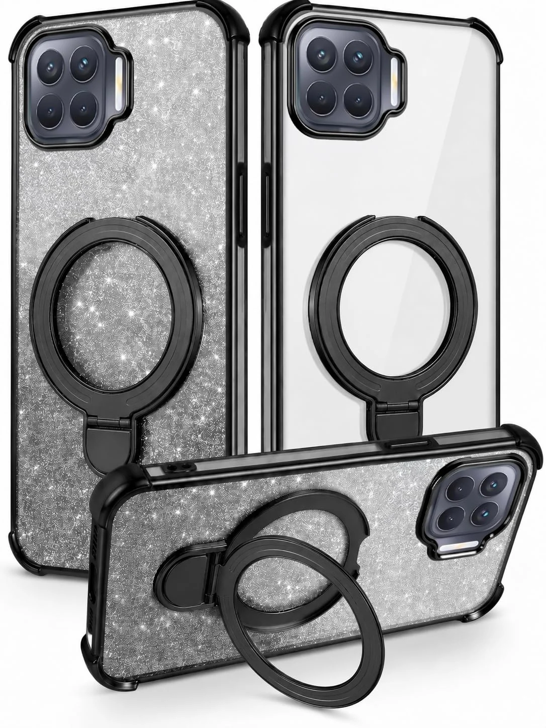Mobigon Glitter Phone Case Compatible with OPPO A93 4G, Magnetic Ring Stand Shockproof Cover, Clear Soft TPU Bumper with Full Camera Protection - Black