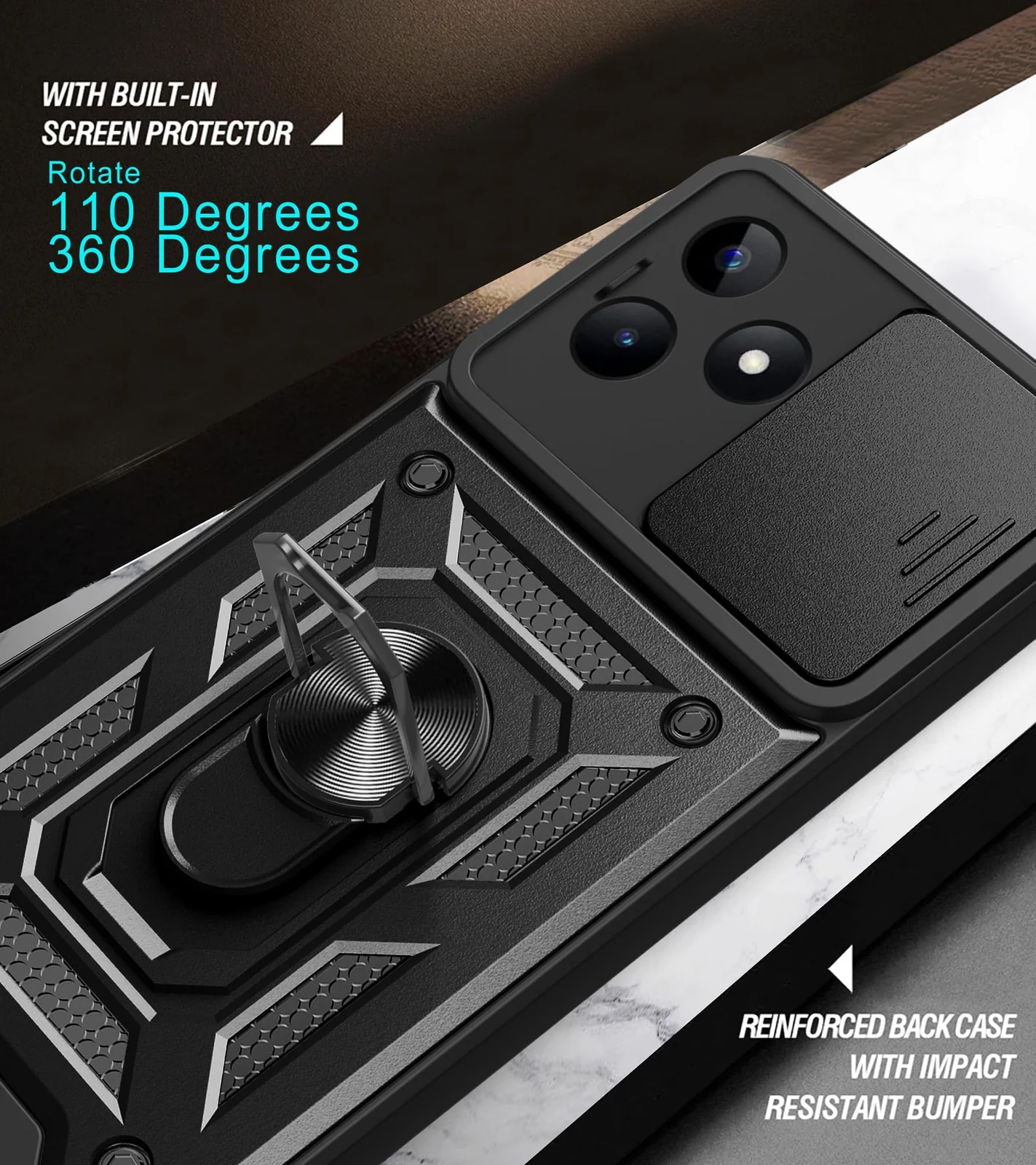 DL3 Mobilak Silicone Protective Case for realme C53 / Narzo N53 with Slide Camera, Built-in magnetic car-mount support, Shock-absorbing protection, Built-in kickstand - Black