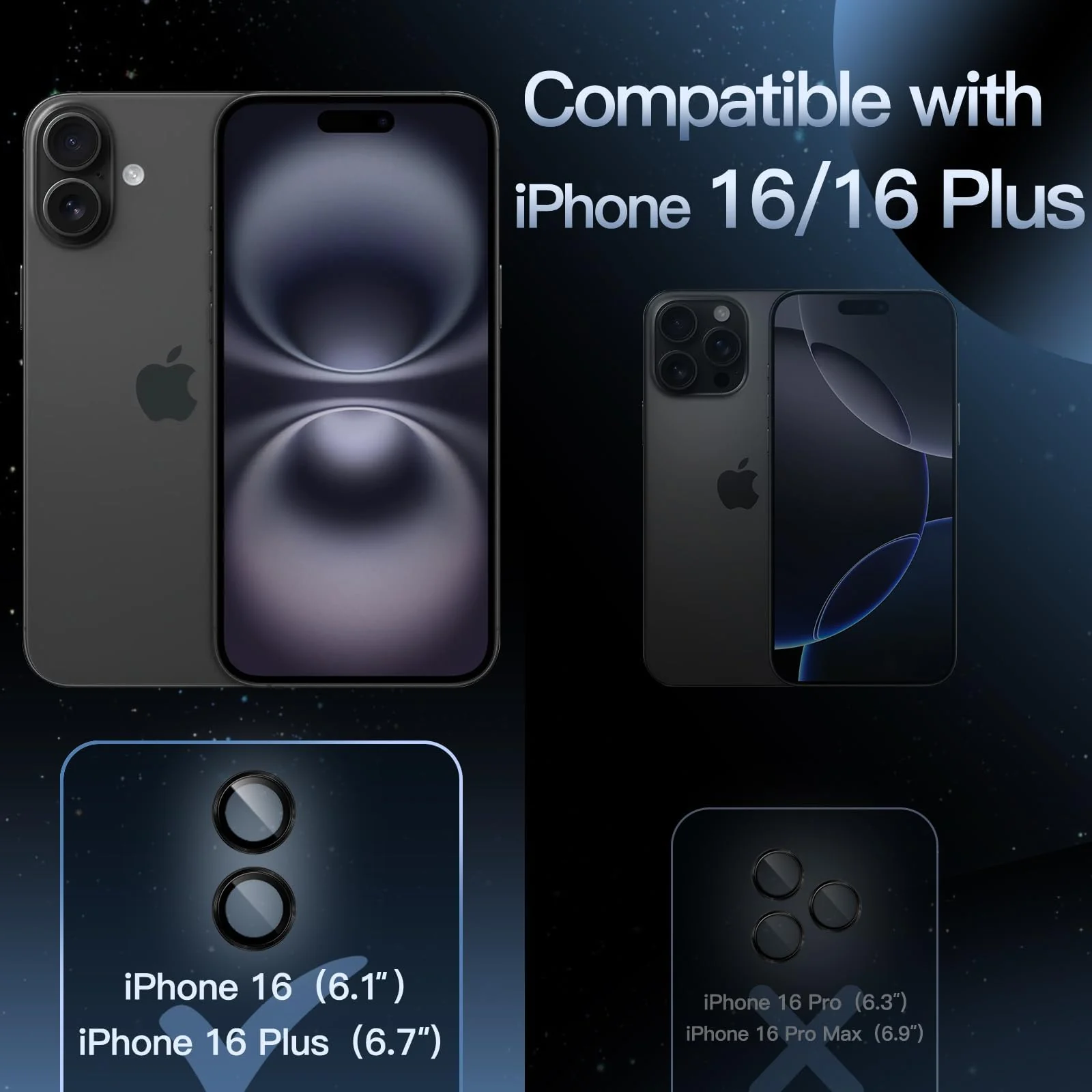 DL3 Mobilak Camera Lens Protector For iPhone 16/iPhone 16+ Plus, [Keep Original Shooting] Tempered Glass Screen Protector Metal Individual Camera Cover, Case Friendly - Black