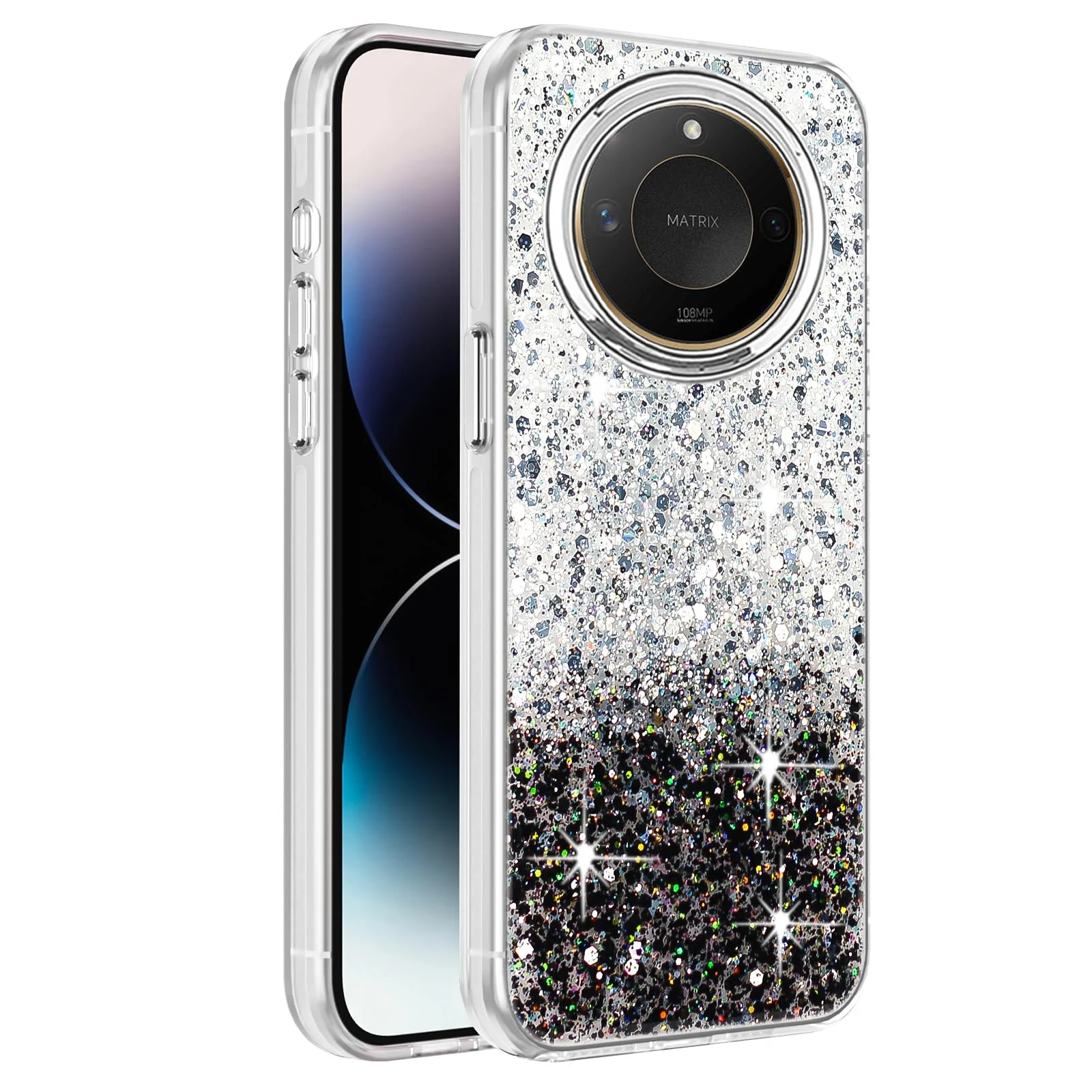 DL3 Mobilak Compatible with Honor X9c Smart Case, Clear Glitter Bling Sparkly, Soft TPU Frame Bumper, Hard-Back Cover for Women & Girls, Transparent Protective Phone Case - White Black