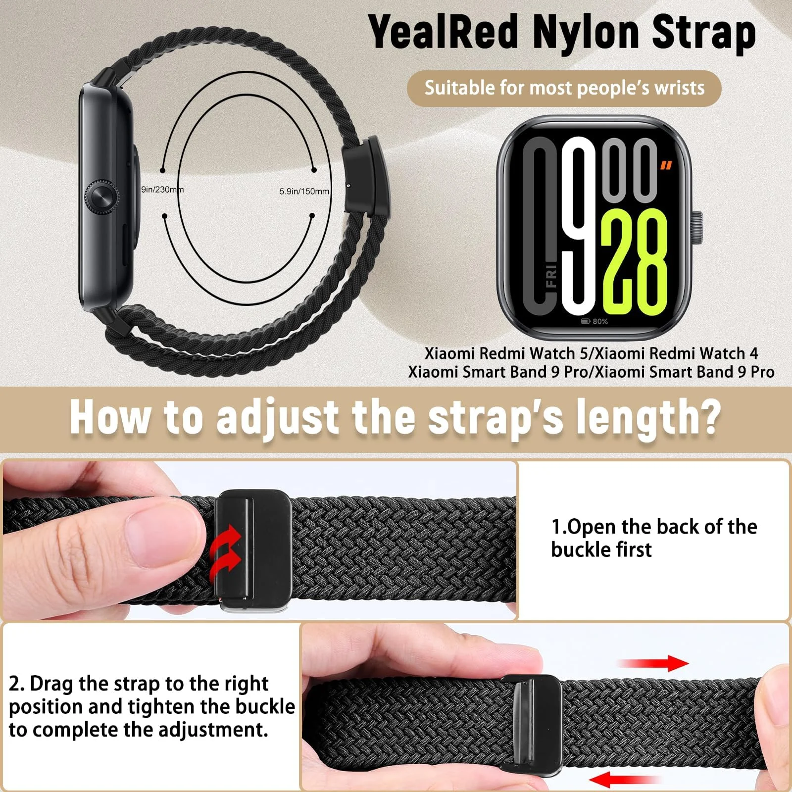 DL3 Mobilak Braided Bracelet Compatible with Redmi Watch 4/5 / 6 / Xiaomi Smart Band 8 Pro/Band 9 Pro, Nylon Magnetic Fabric Elastic Sport Nylon Replacement Strap for Men Women - Black