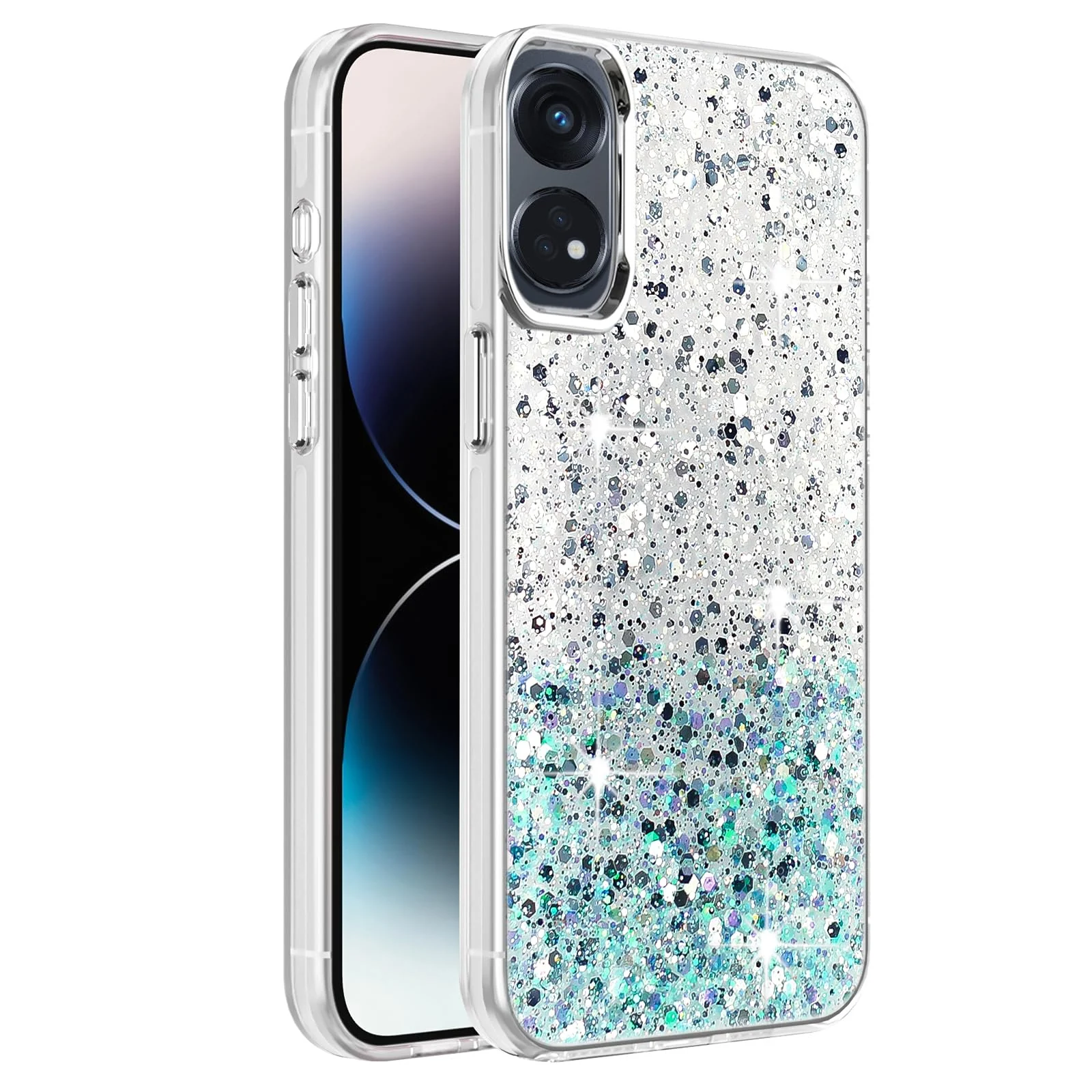 DL3 Mobilak Glitter Protective Case for OPPO Reno 8T 4G (Reno8T), Supports wireless charging, Camera protection, Shock-absorbing protection - White Green