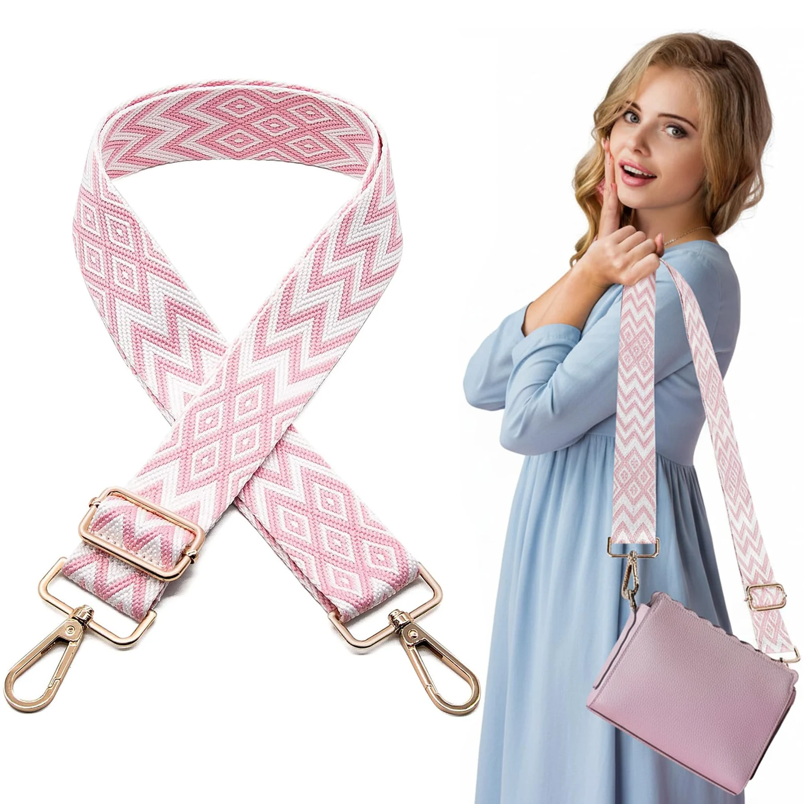 DL3 Mobilak Adjustable Wide Crossbody Bag Strap for Women, Replacement Shoulder Strap for Handbags, Totes & Purses with Elegant Embroidered Pattern and Metal Hooks - White-Pink