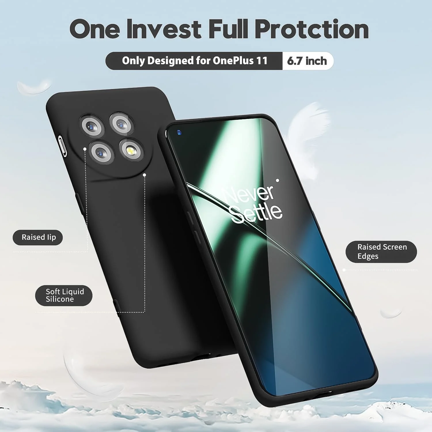 DL3 Mobilak Silicone Protective Case for OnePlus 11, Shock-absorbing protection, Built-in kickstand, Integrated ring holder - Black
