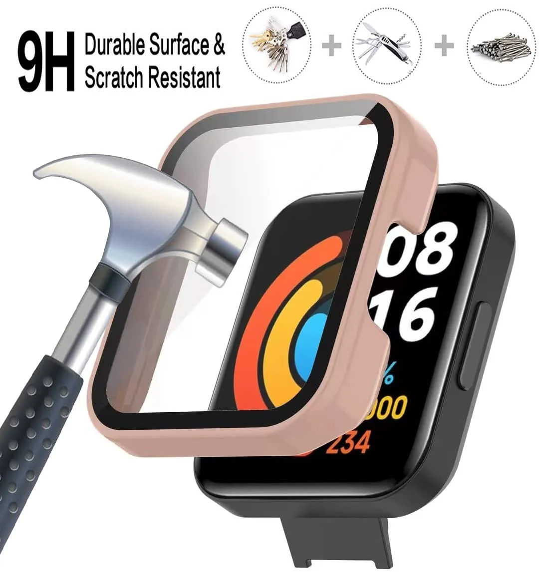 DL3 Mobilak Protective Case Compatible with Xiaomi Mi Redmi Watch 2 Lite, 9H Hardness PC Case Bumper Full Slim Protective Cover with Tempered Glass For Redmi Watch2 Lite - Pink
