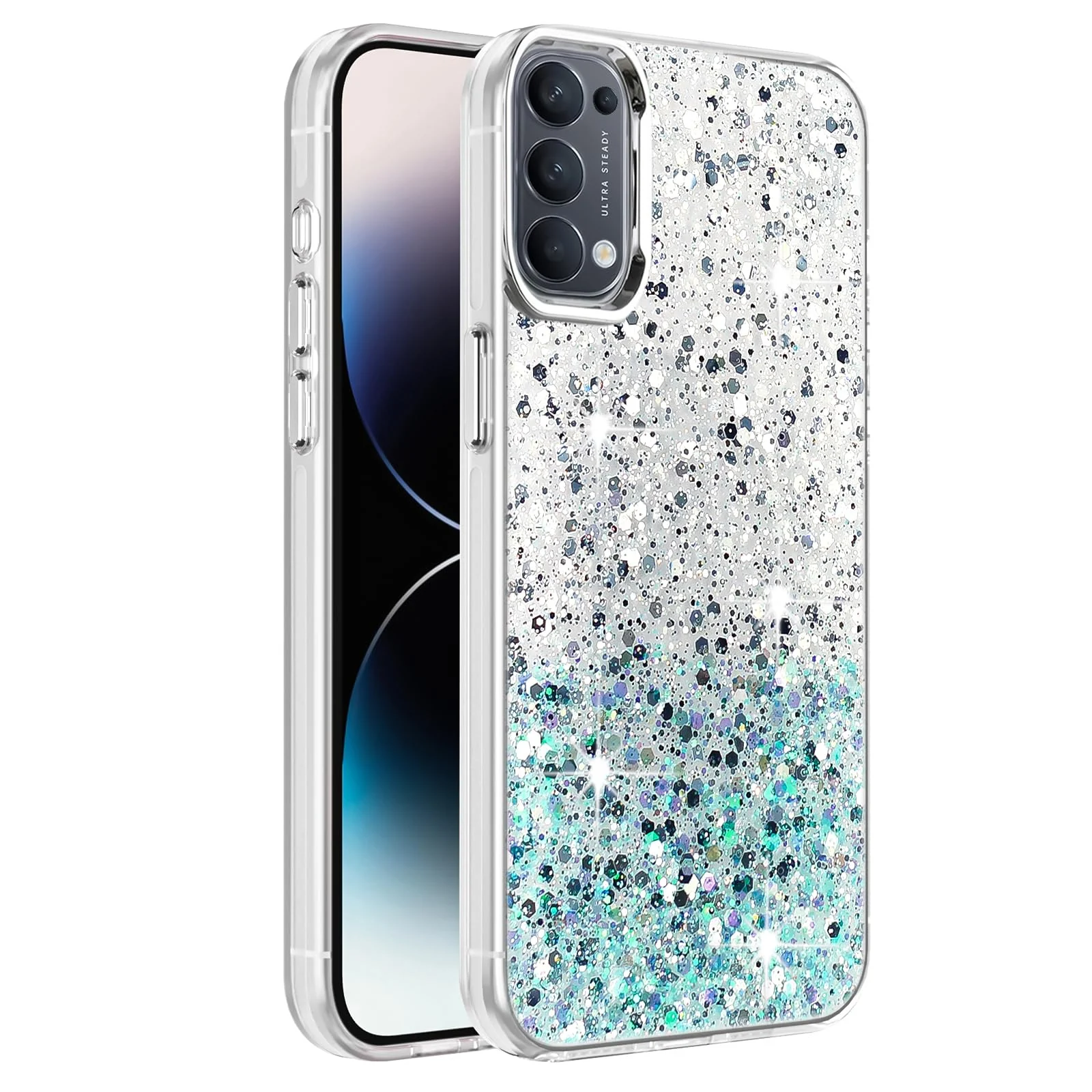 DL3 Mobilak Glitter Rhinestone Protective Case for Reno 5 4G with Shockproof Design - White Green