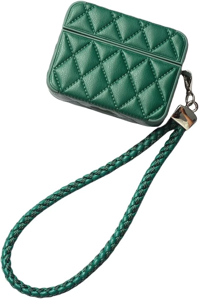 MOBIGON Diamond-Quilted PU Leather Case with Lanyard for Apple AirPods Pro 1 / 2, Green