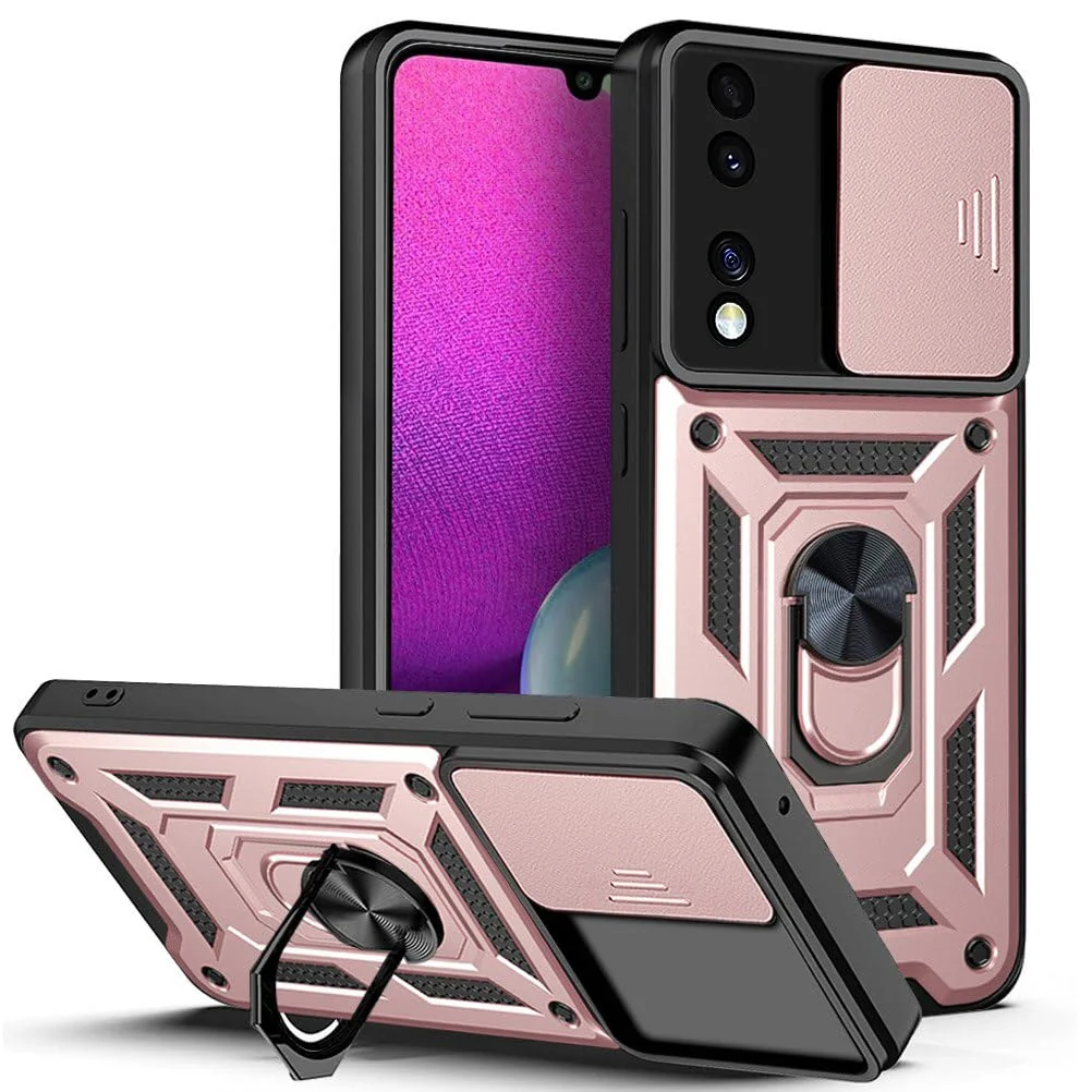 DL3 Mobilak Military-Grade Protective Case with Sliding Camera Cover, Metal Ring Kickstand and Magnetic Car-Mount Support for Honor 70 5G - Rose Gold