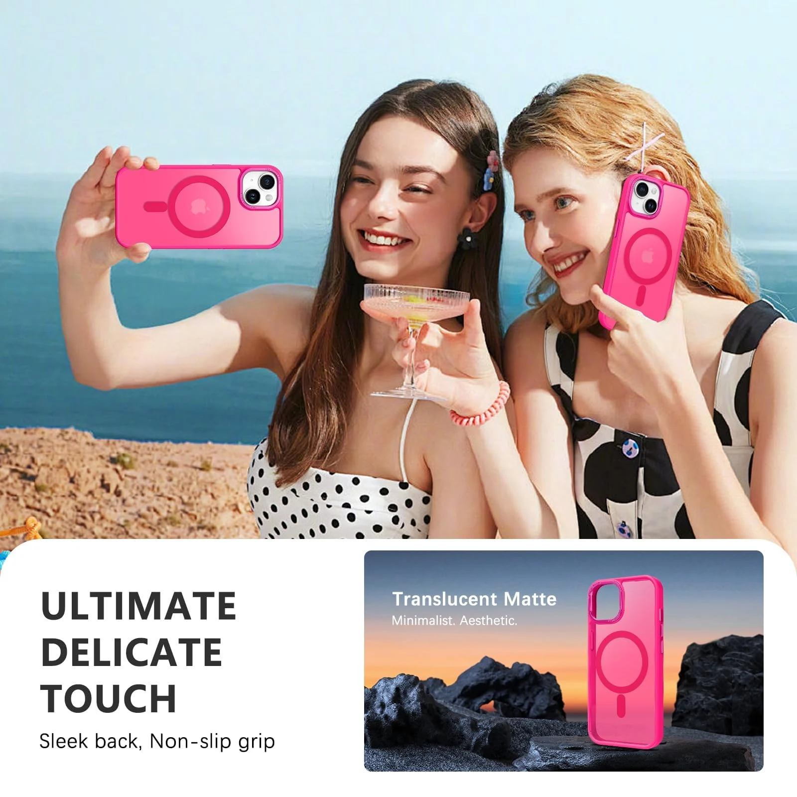 DL3 Mobilak Case for iPhone 15 (6.1 Inch) Magnetic Translucent Matte Phone Cases [Compatible with MagSafe] Thin Slim Fit Shockproof Bumper Hard Protective Cover for Women Men Girls - Hot Pink