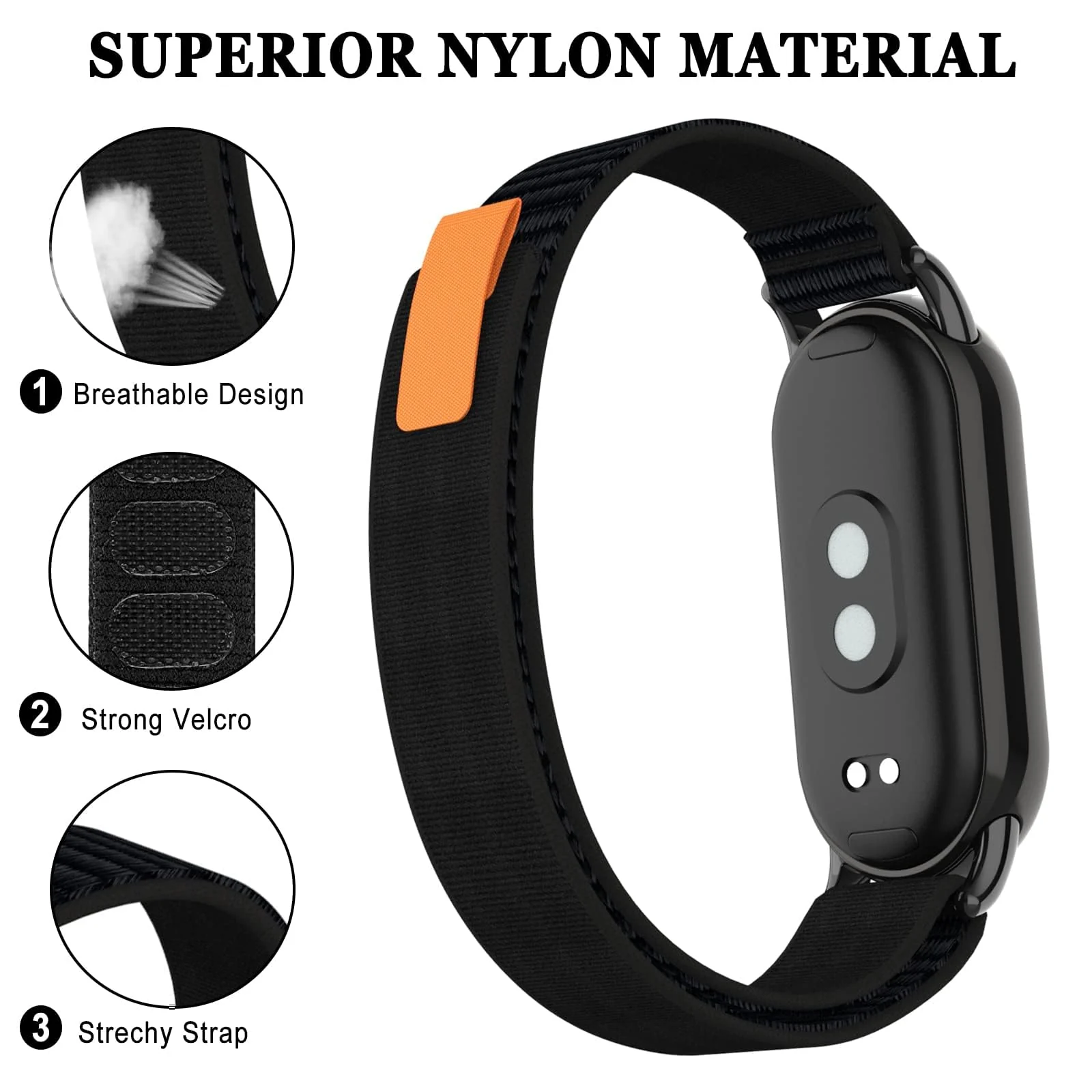 DL3 Mobilak Sport Bands Nylon For Xiaomi Mi Band 10/9/8 Men Women, Adjustable Elastic Breathable Soft Stretchy Wristband Loop Replacement Strap for Xiaomi Smart Band 8/9/10 - Black