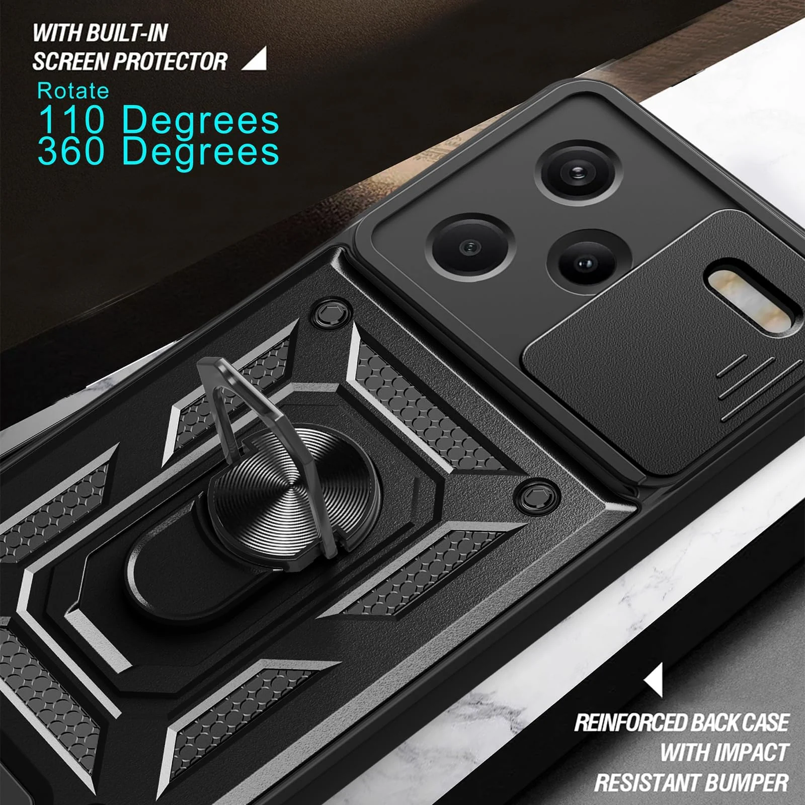 DL3 Mobilak Magnetic Car-Mount Case for Xiaomi Redmi Note 13 Pro+ Plus 5G with Camera Protection and Built-In Kickstand - Black