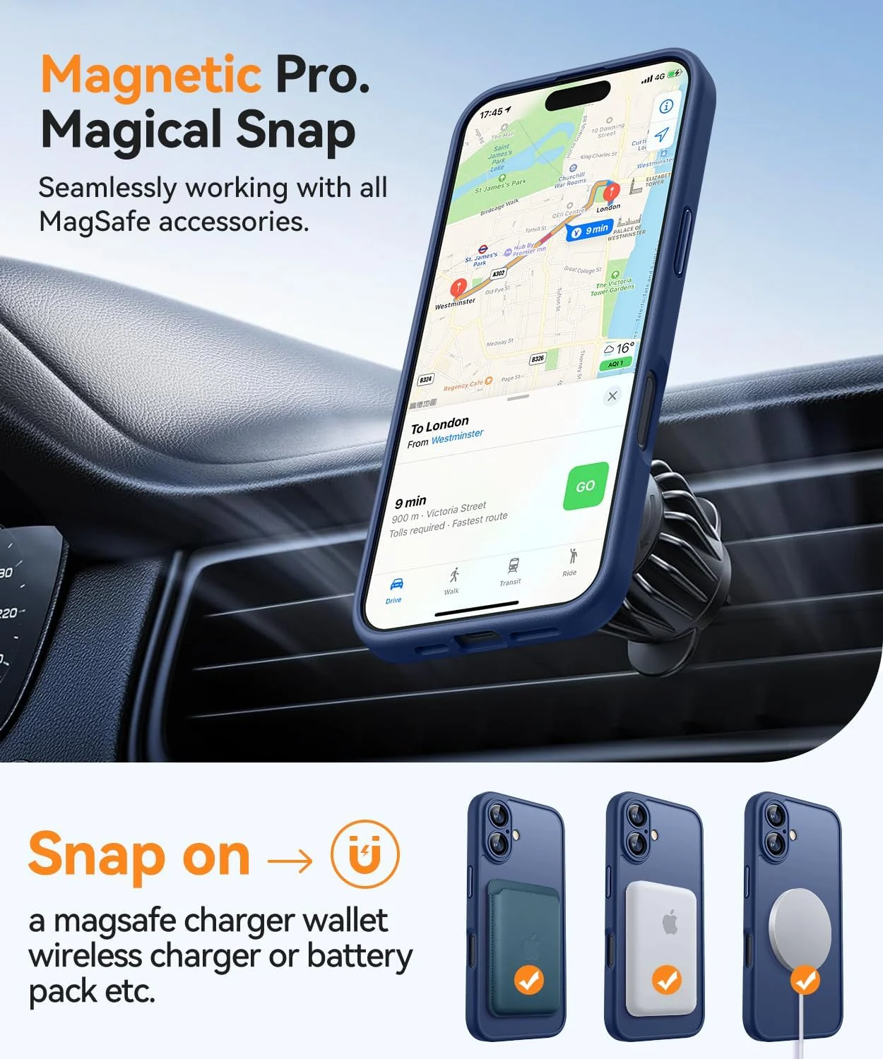 DL3 Mobilak Matte MagSafe-Compatible Magnetic Case for iPhone 16 with Camera Protection and Magnetic Car-Mount Support - Blue