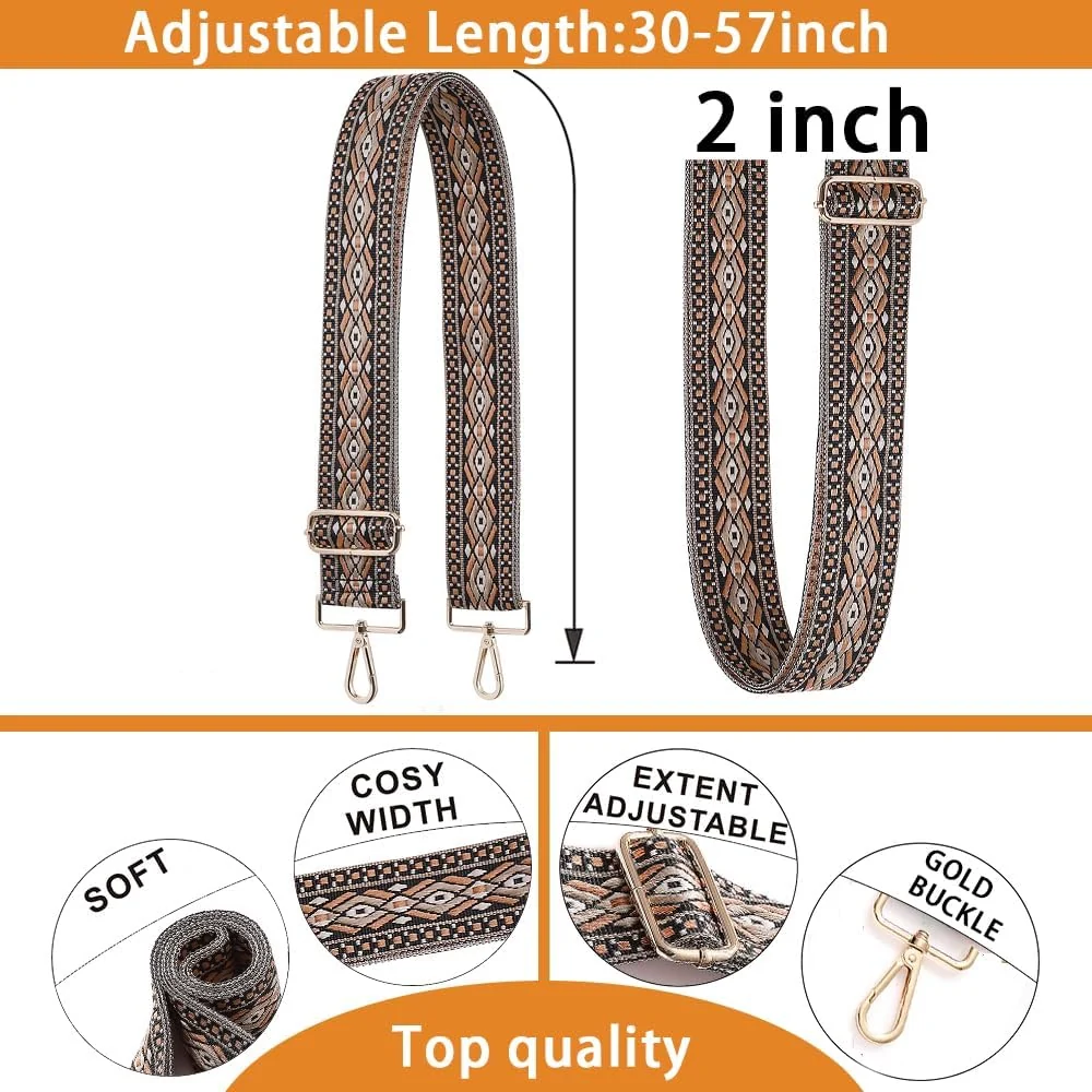 DL3 Mobilak Adjustable Wide Crossbody Bag Strap for Women, Replacement Shoulder Strap for Handbags, Totes & Purses with Elegant Embroidered Pattern and Metal Hooks - Black/Brown