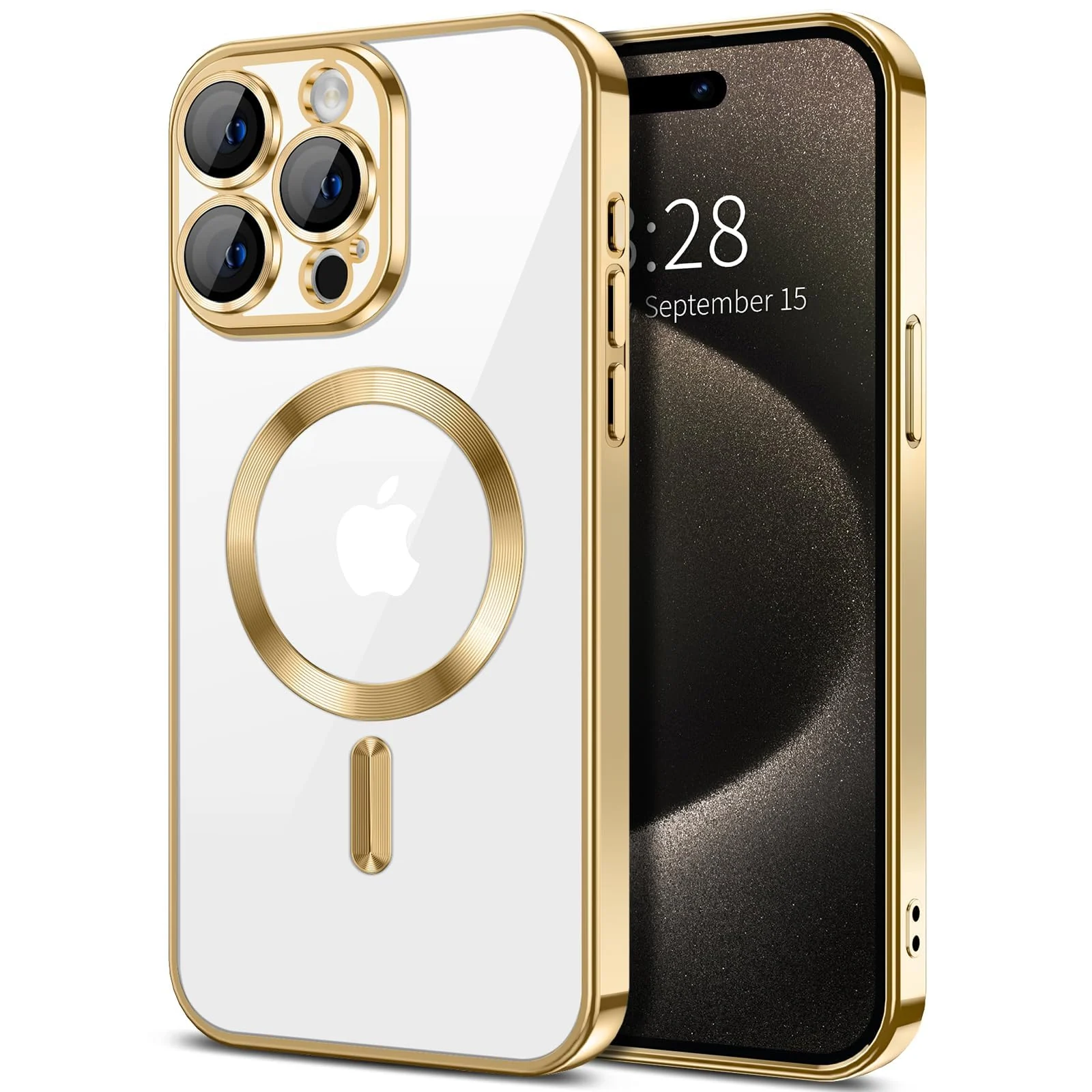 DL3 Mobilak Clear MagSafe-Compatible Magnetic Case for iPhone 15 Pro Max with Camera Protection and Shockproof Design - Gold