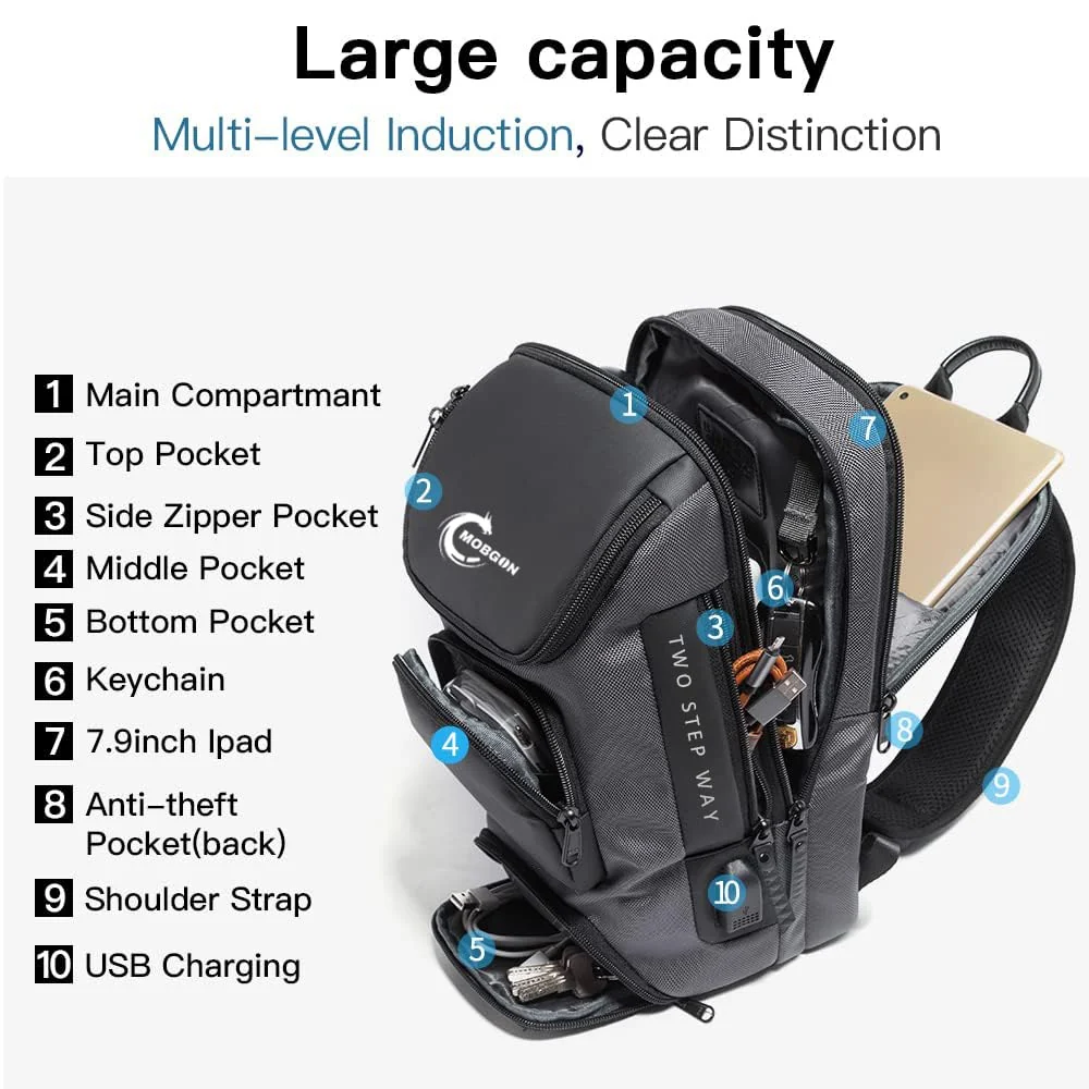 Mobigon Laptop Sling Backpack Anti Theft Bag, Hiking Daypack 13 Inch Fits iPad - Tablet 7 to 9.7 Inch Nylon Travel Bags for Men, Single Shoulder Camping Dayback with USB Charging Port - Gray