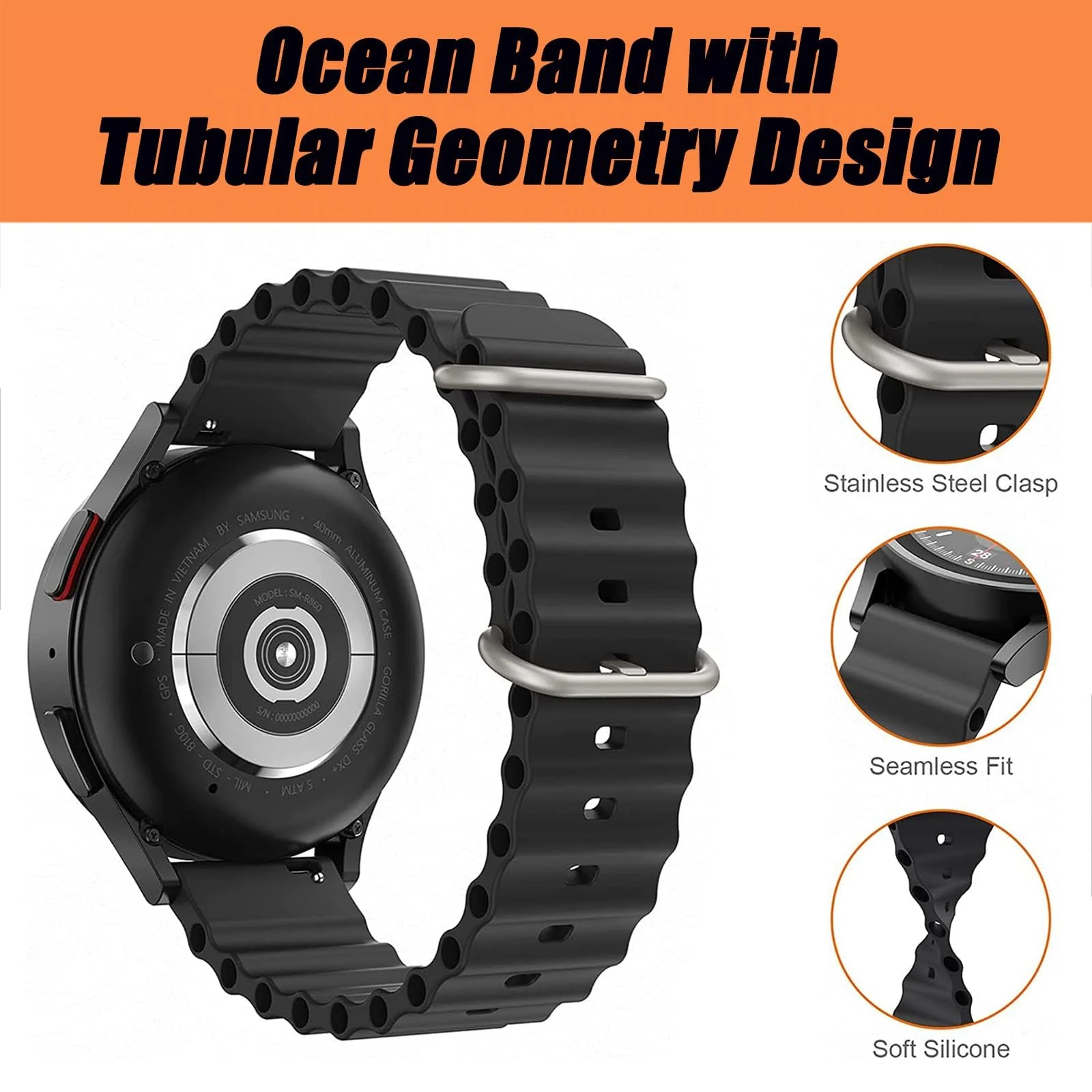 DL3 Mobilak 22mm Ocean Band for Samsung Galaxy Watch 3 45mm/Watch 46mm/Gear S3/For Huawei watch GT4 GT3 46MM/ Watch 3/4/GT2E/GT2 Pro/GT GT2 46MM/Amaz fit GTR 4/3/3Pro/2/2e, Adjustable Silicone Sport Loop Strap - Black